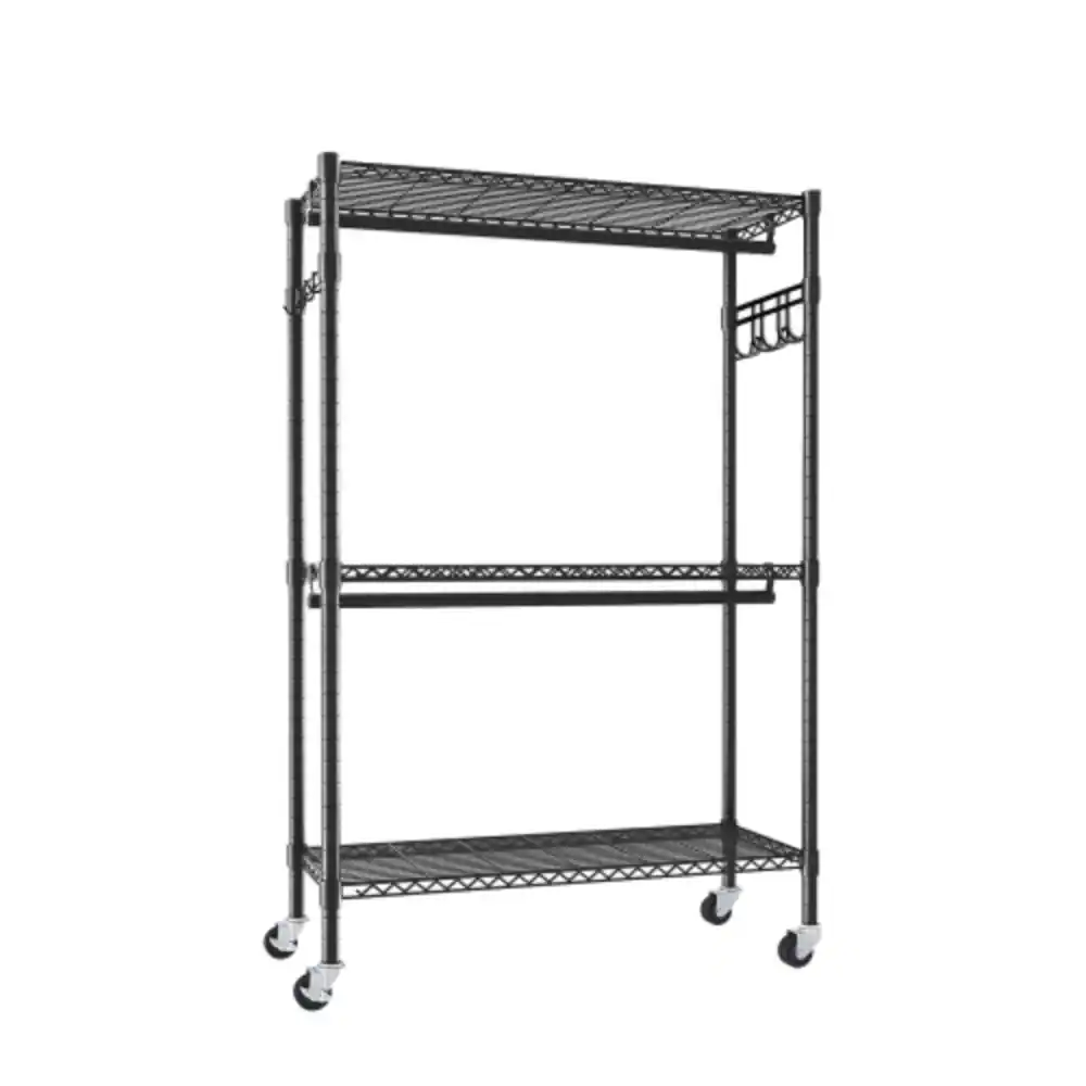 Alt View 3. LUCKY ONE - Rolling Heavy Duty Garment Rack w/ 3 Shelves 2 Rods Side Hooks Wheels - Black.