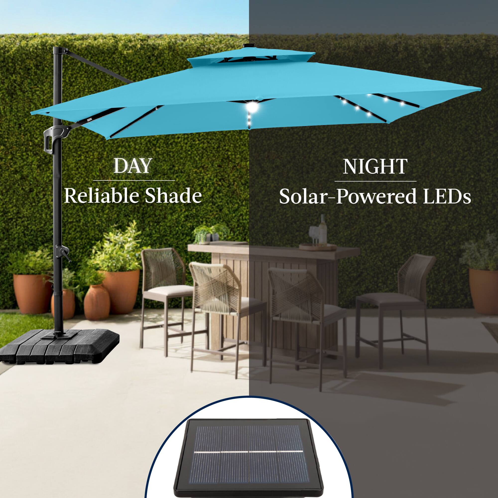 DAY  
Reliable Shade  

NIGHT  
Solar-Powered LEDs