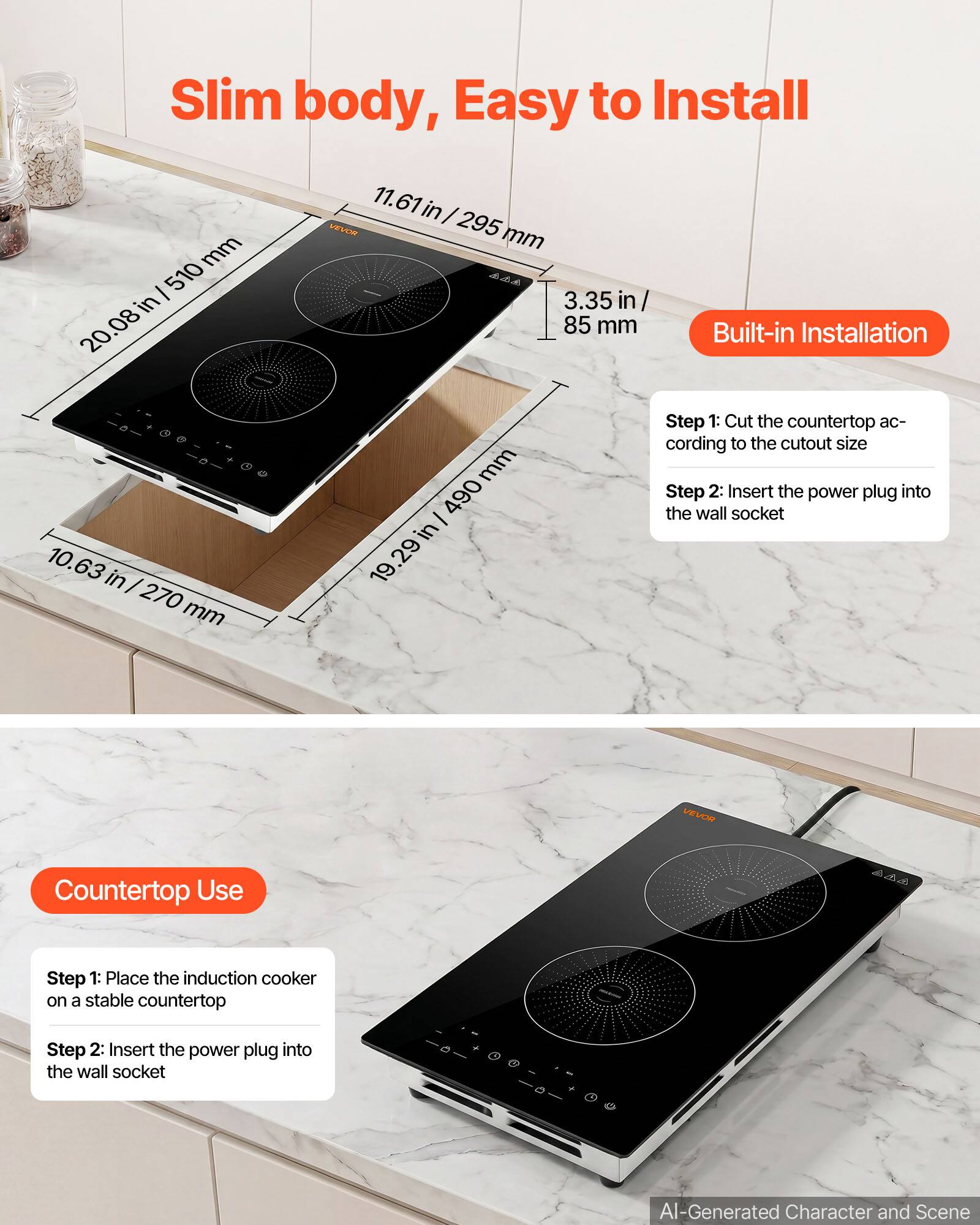 Slim body, Easy to Install

mm 510 in 20.08
11.61 in / VEVOR 295 mm 444 3.35 in 85 mm
Built-in Installation
10.63 in / 270 mm
mm / 490 in .29

Step 1: Cut the countertop according to the cutout size
Step 2: Insert the power plug into the wall socket

VEVOR

Countertop Use
Step 1: Place the induction cooker on a stable countertop
Step 2: Insert the power plug into the wall socket

AI-Generated Character and Scene