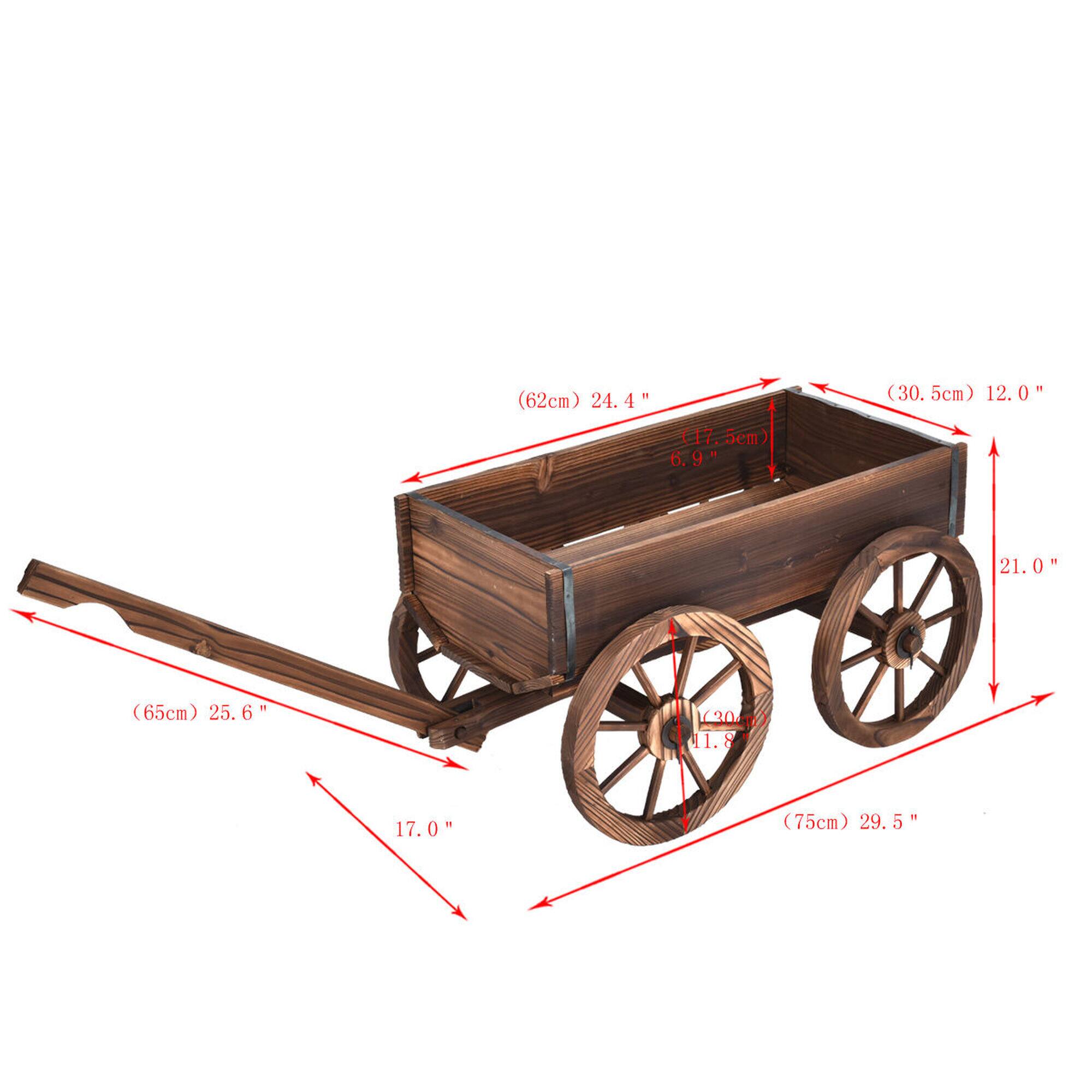 The image shows a wooden cart with a wheel and a handle. The cart is made of wood and has a wheel on the back. The cart is also accompanied by a ruler, which shows the dimensions of the cart. The ruler indicates that the cart is 24 inches long, 6.9 inches wide, and 9 inches tall. The wooden cart is a unique and handmade item, likely used for transportation or decorative purposes.