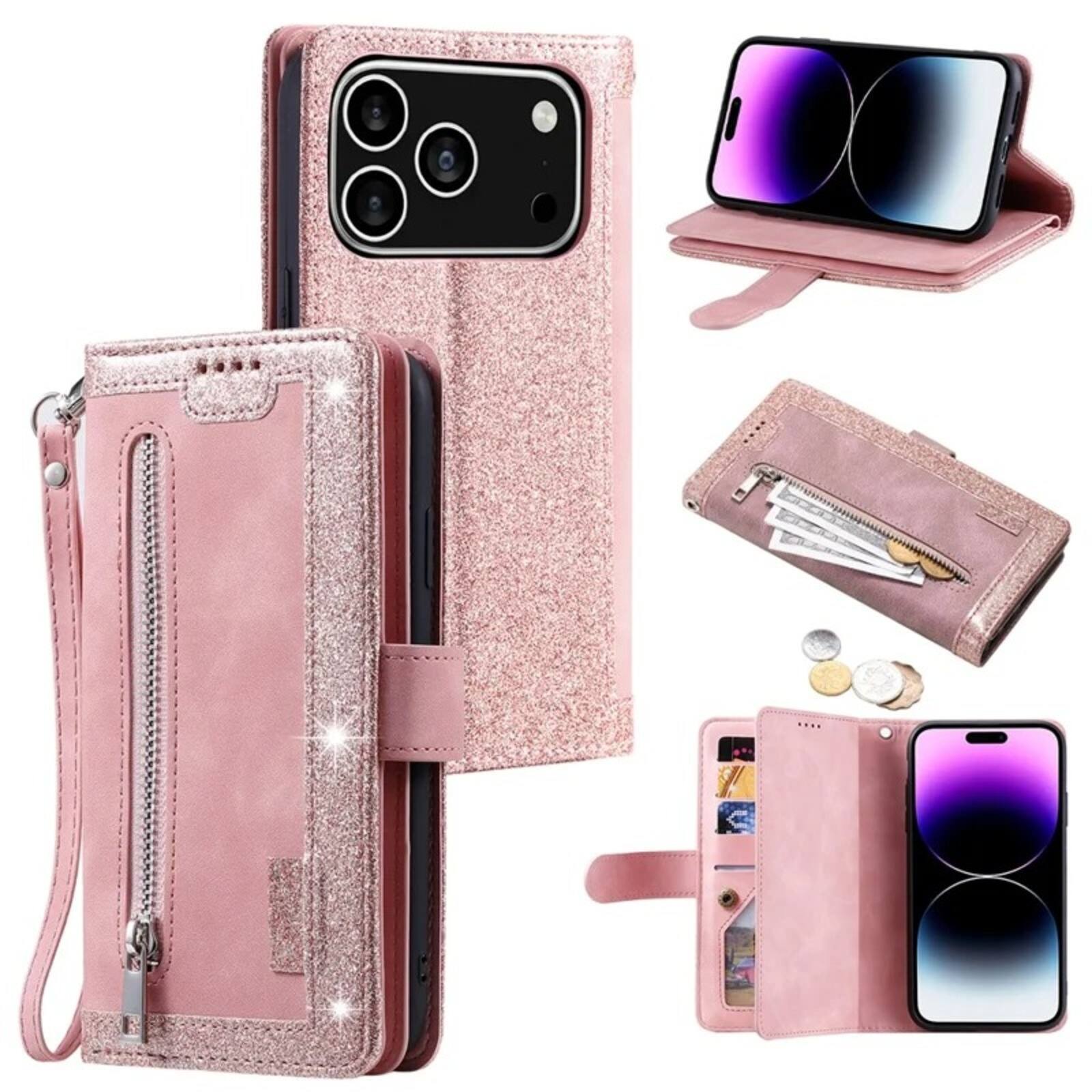 Front. UUCOVER - Wallet Case for Apple iPhone 18 Pro with Card Cash Slots, Zipper Pocket and Wrist Strap, Magnetic Flip Kickstand Cover - Rosegold.