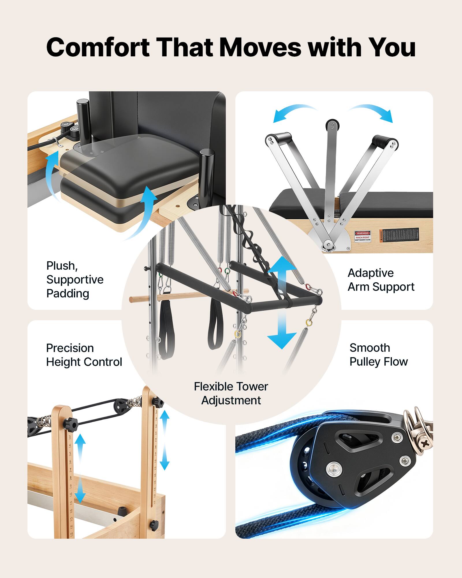 Comfort That Moves with You

- Plush, Supportive Padding
- Adaptive Arm Support
- Precision Height Control
- Smooth Pulley Flow
- Flexible Tower Adjustment