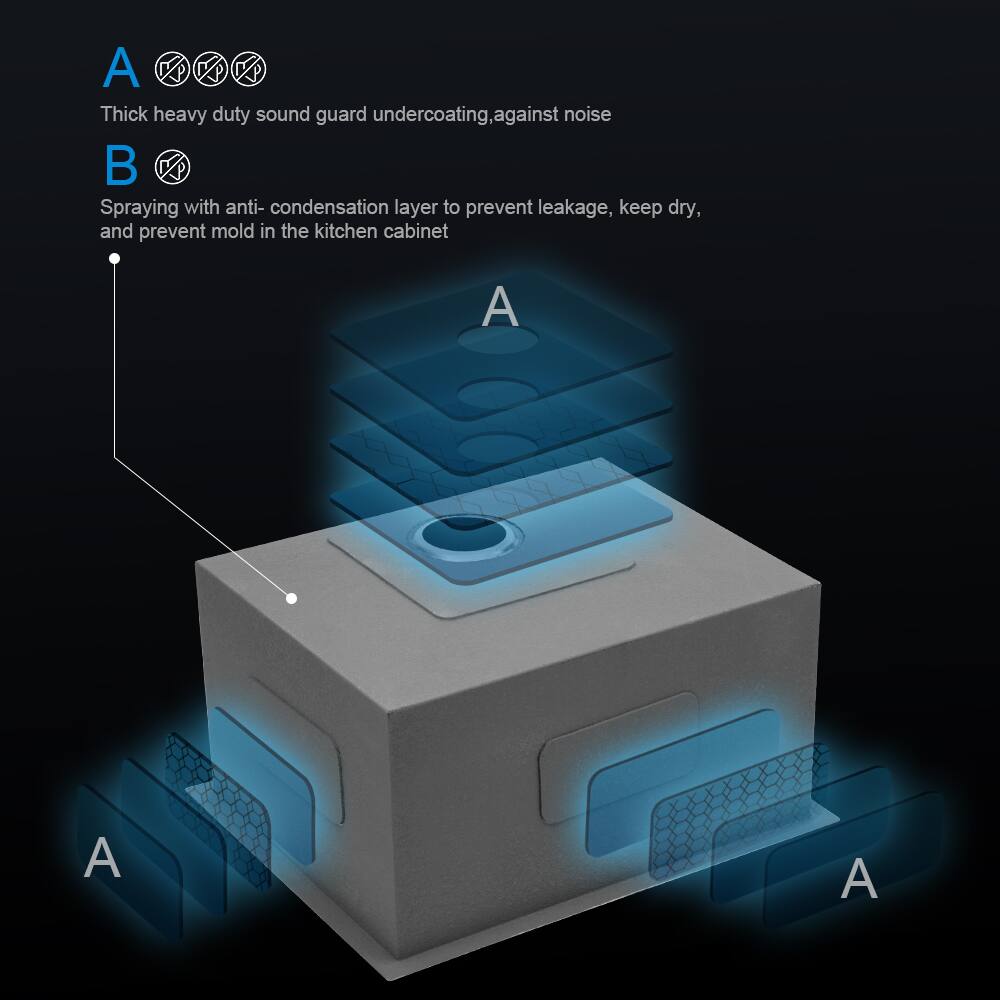 A. Thick heavy duty sound guard undercoating, against noise  
B. Spraying with anti-condensation layer to prevent leakage, keep dry, and prevent mold in the kitchen cabinet