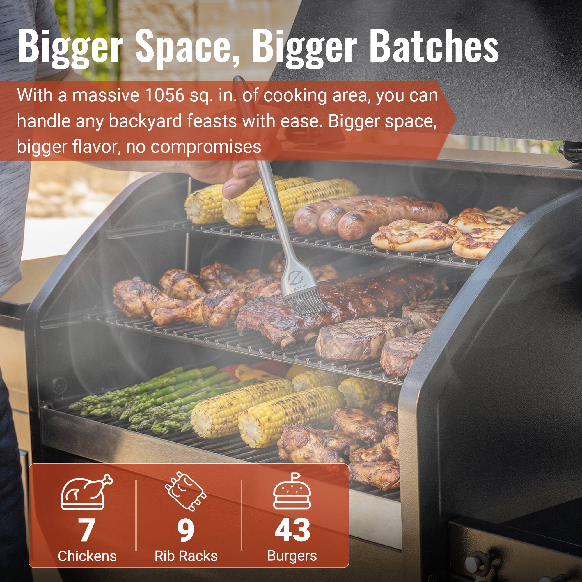 Bigger Space, Bigger Batches

With a massive 1056 sq. in. of cooking area, you can handle any backyard feasts with ease. Bigger space, bigger flavor, no compromises.

- 7 Chickens
- 9 Rib Racks
- 43 Burgers