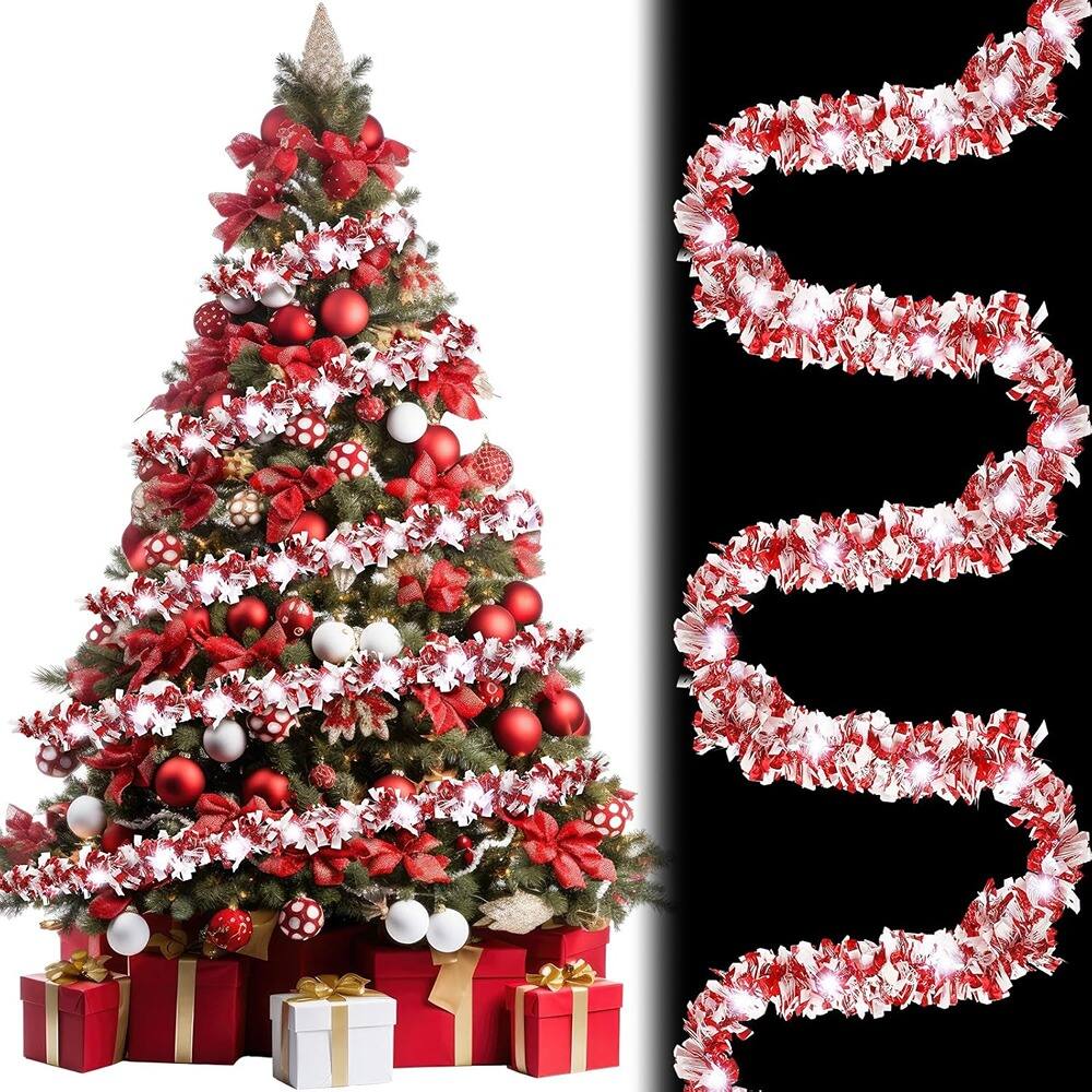 Front. PARKER SLATER - 16FT Lighted Christmas Tinsel Garland with 50 LED Lights, Metallic Foil - White, Red.