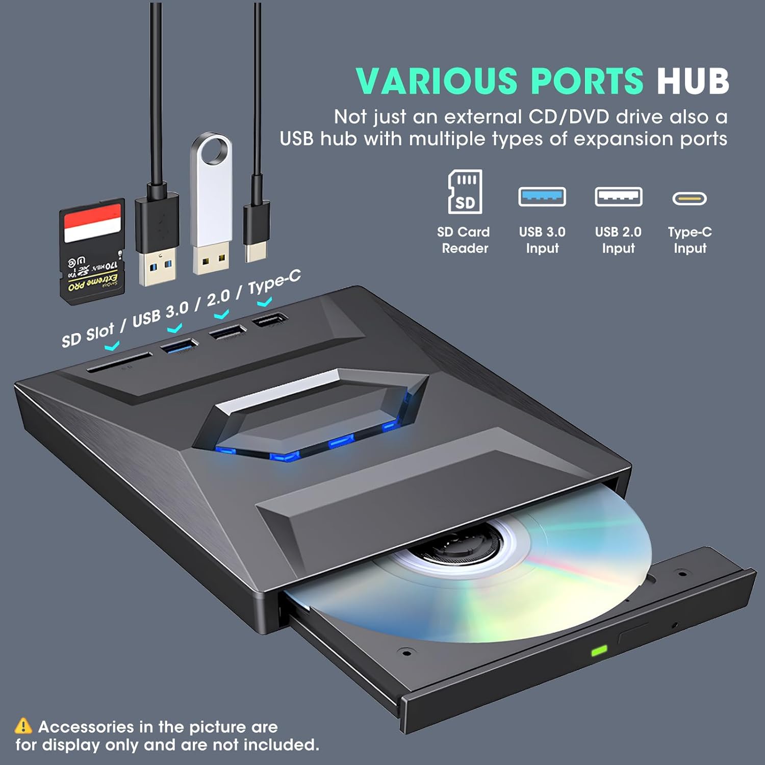 VARIOUS PORTS HUB  
Not just an external CD/DVD drive also a USB hub with multiple types of expansion ports  

SD Slot / USB 3.0 / 2.0 / Type-C  

SD Card Reader  
USB 3.0 Input  
USB 2.0 Input  
Type-C Input  

Accessories in the picture are for display only and are not included.