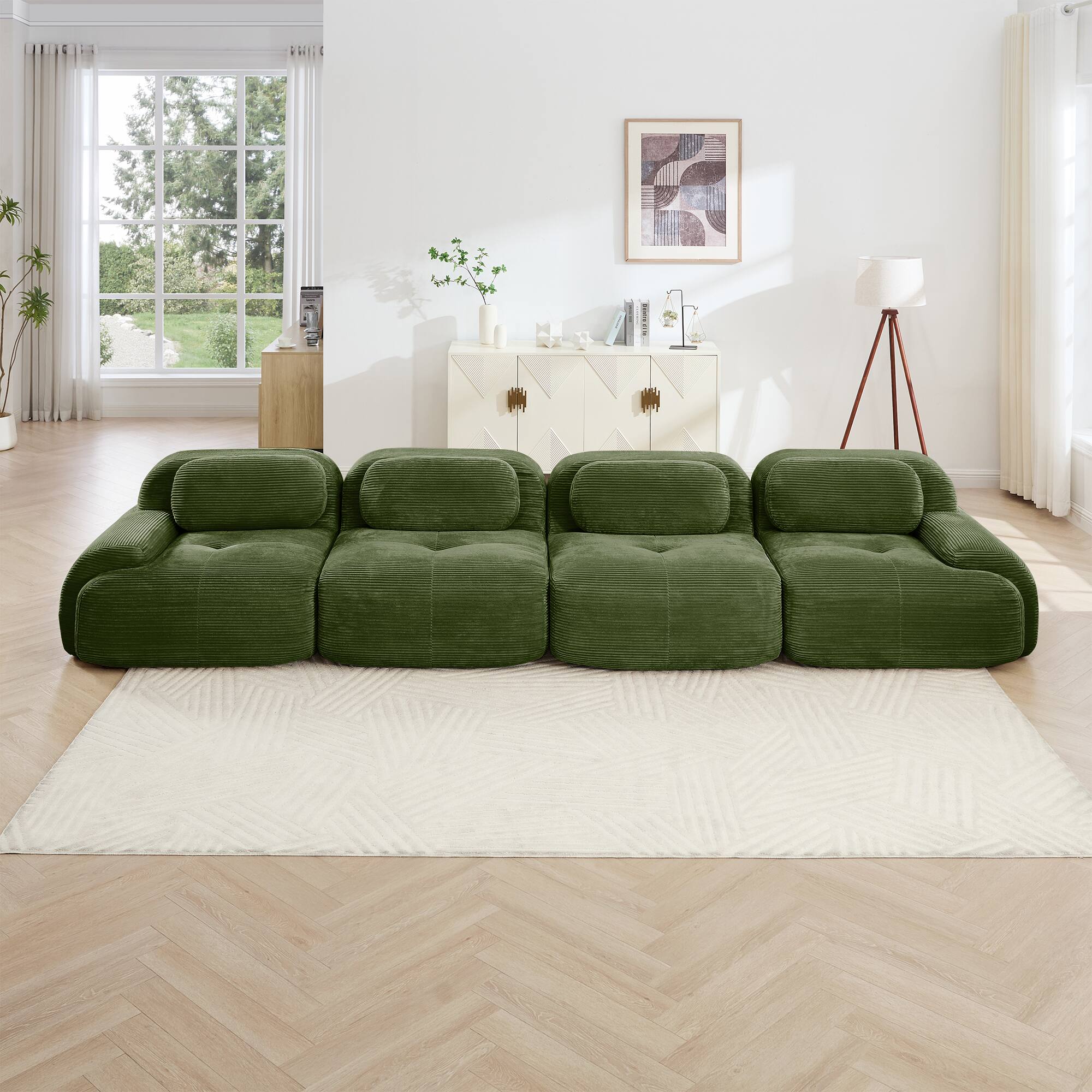 Left. LOVMOR - Modular No Assembly Compressed Pack 4 Seat Corduroy Couch Anti Slip Curved Armrests For Bedroom Study Soft Den - Olive Green.