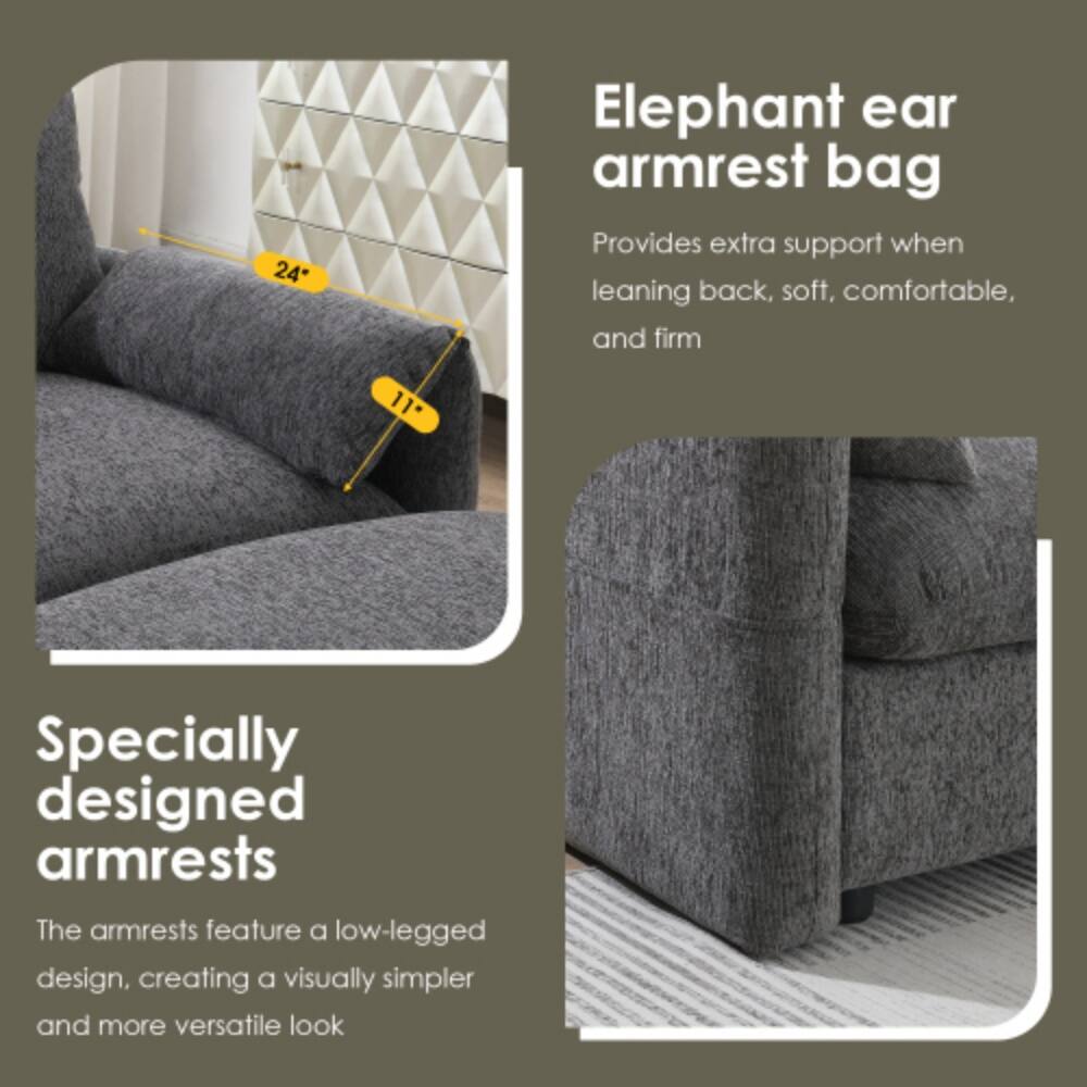 24" Elephant ear armrest bag  
Provides extra support when leaning back, soft, comfortable, and firm  

11" Specially designed armrests  
The armrests feature a low-legged design, creating a visually simpler and more versatile look