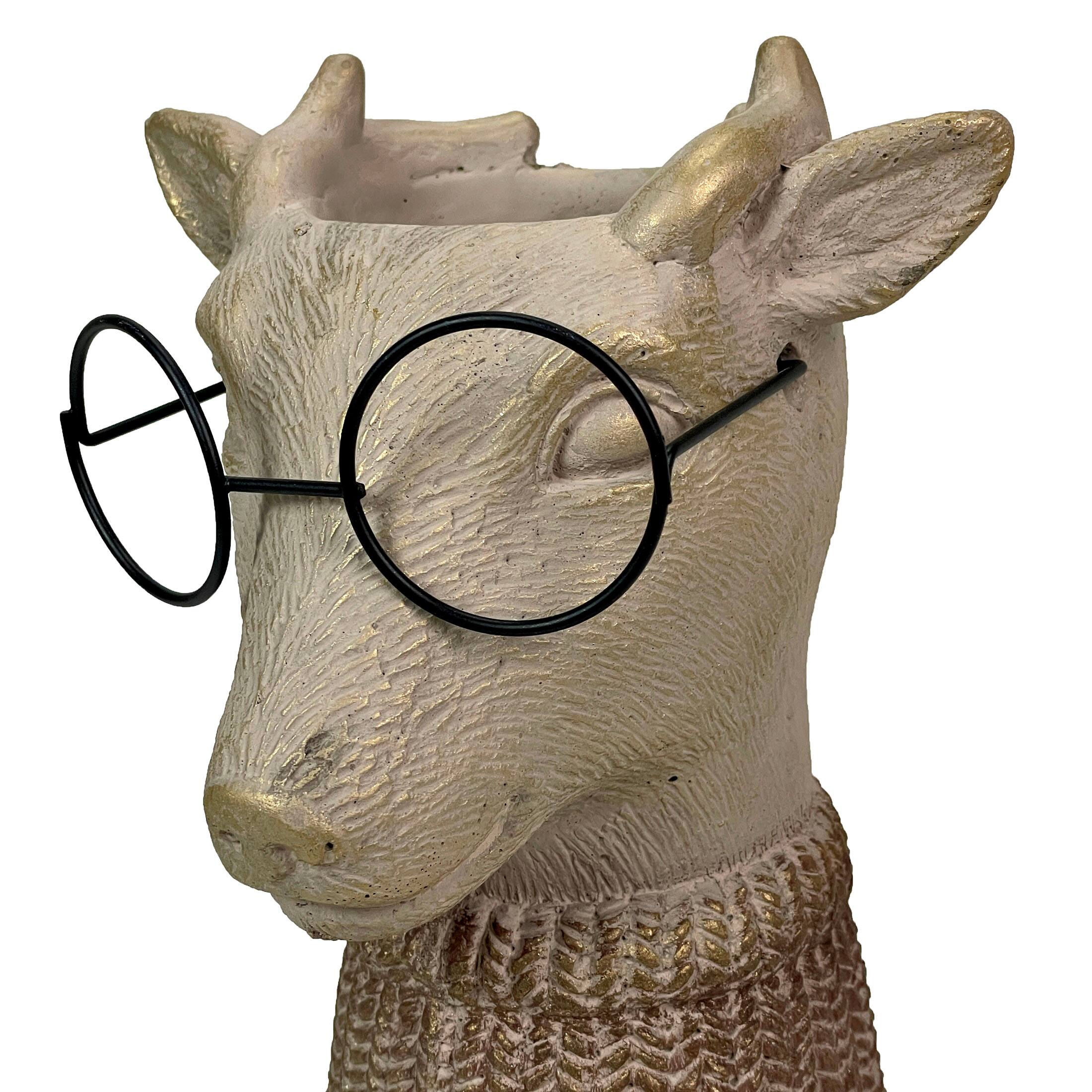 Alt View 2. Things2Die4 - Bespectacled Deer Cement Vase 8.7" Gold Accents Knit Scarf Real Wire Glasses - Taupe.