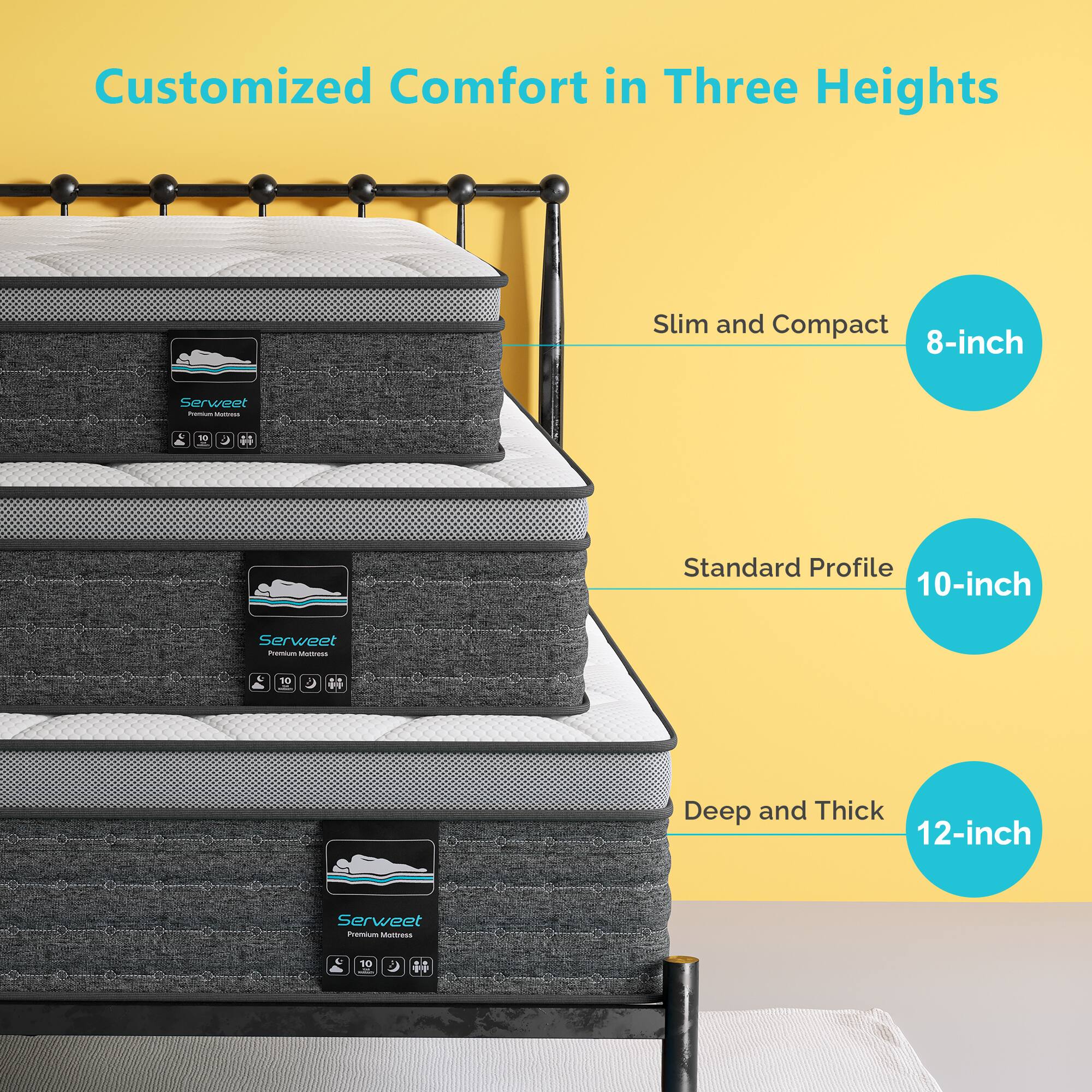 Customized Comfort in Three Heights

Slim and Compact 8-inch

Standard Profile 10-inch

Deep and Thick 12-inch