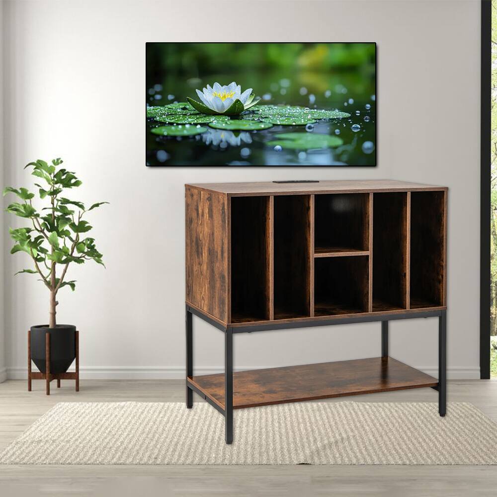 Hivvago - Vinyl Record Storage Stand with Electrical Charging Station and Steel Frame - Rustic Brown