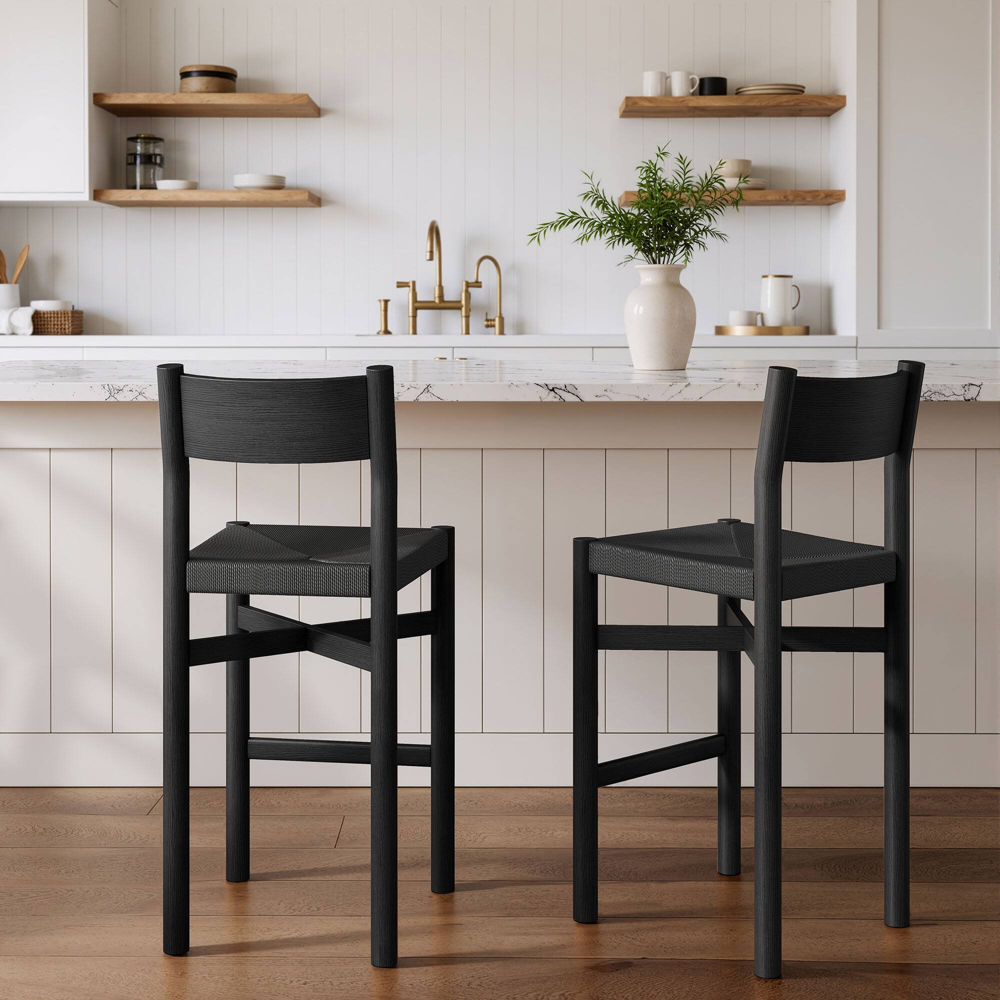 Alt View 1. Modway - Alvia Oak Wood Bar Stools With Woven Seats Set of 2 by Modway - Black.
