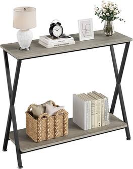 Acekool - Narrow Console Table, 2-Tier Farmhouse Sofa Table with Shelves - Gray