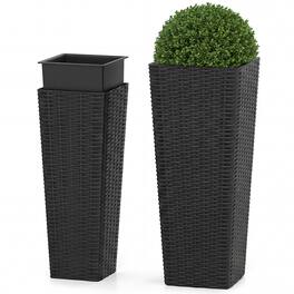 Costway - Rattan Tall Planter Set of 2 with Removable Inner Trays, Drainage Holes for Garden - Black