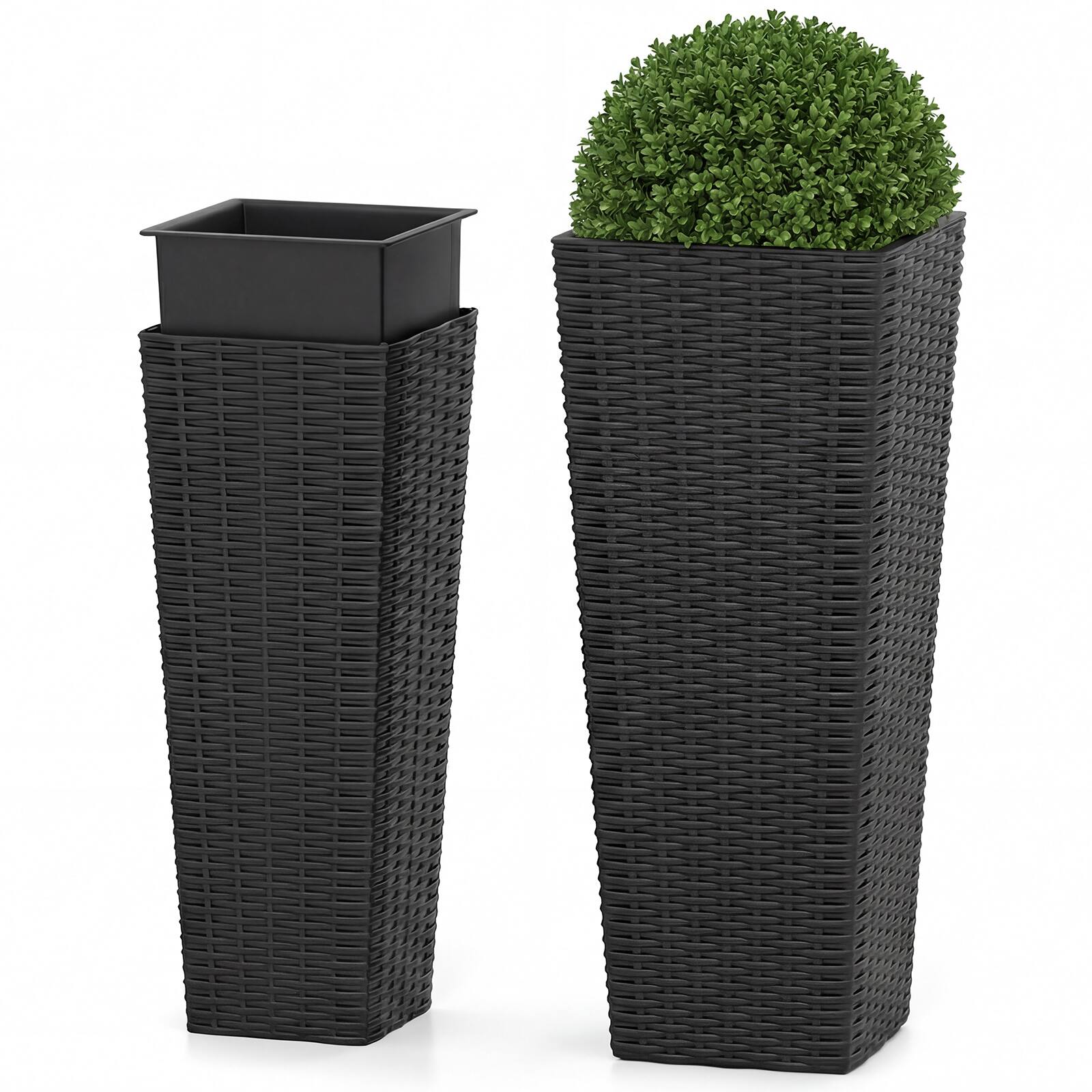 Front. Costway - Costway Rattan Tall Planter Set of 2 with Removable Inner Trays, Drainage Holes for Garden - Black.