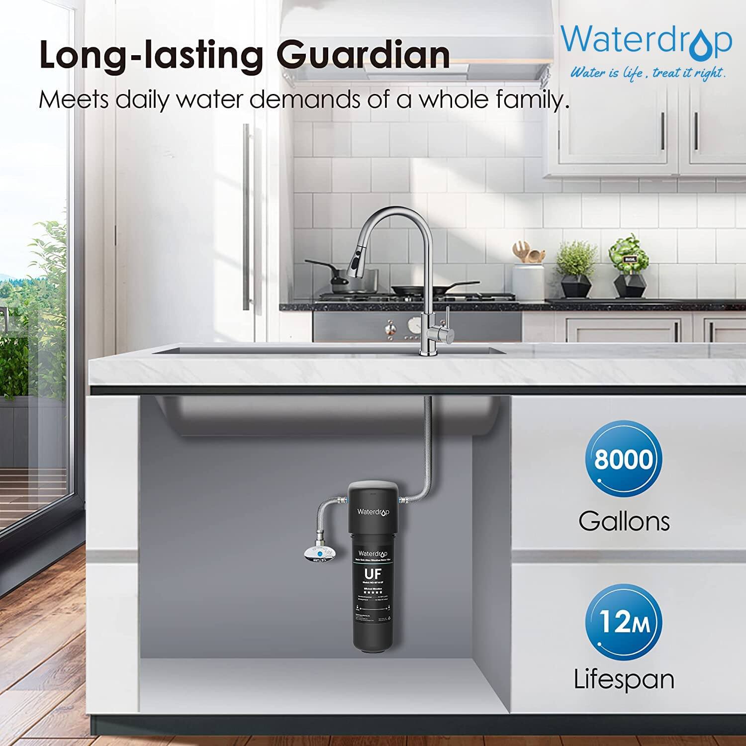 Long-lasting Guardian Waterdrop Water is life. treat it right. Meets daily water demands of a whole family. 8000 Gallons UF 12 Lifespan