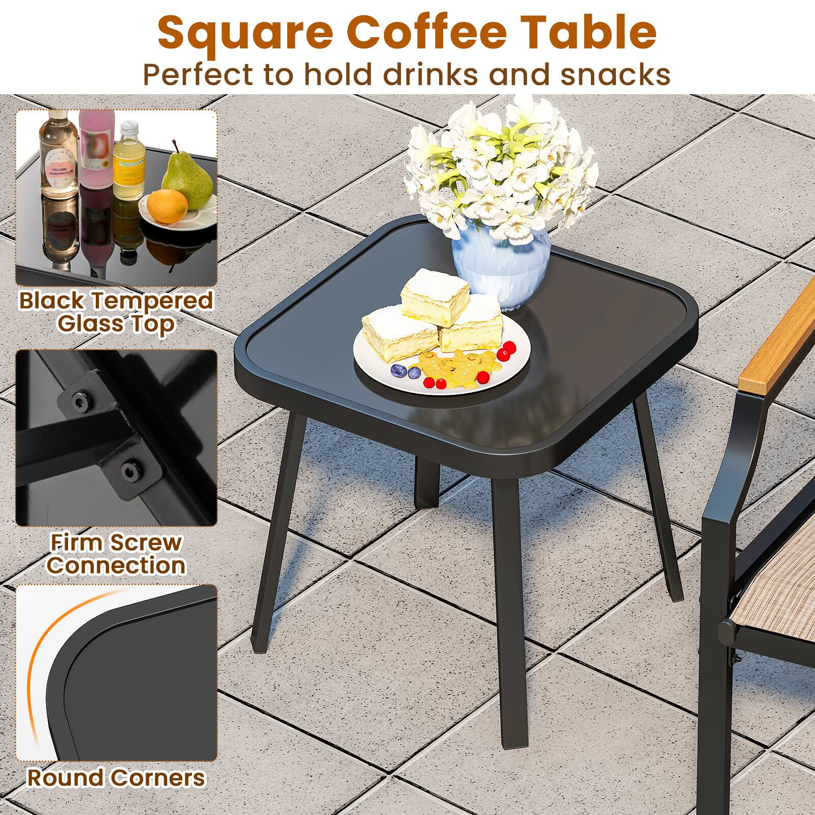 Square Coffee Table: Perfect to hold drinks and snacks. Black Tempered Glass Top. Firm Screw Connection. Round Corners.