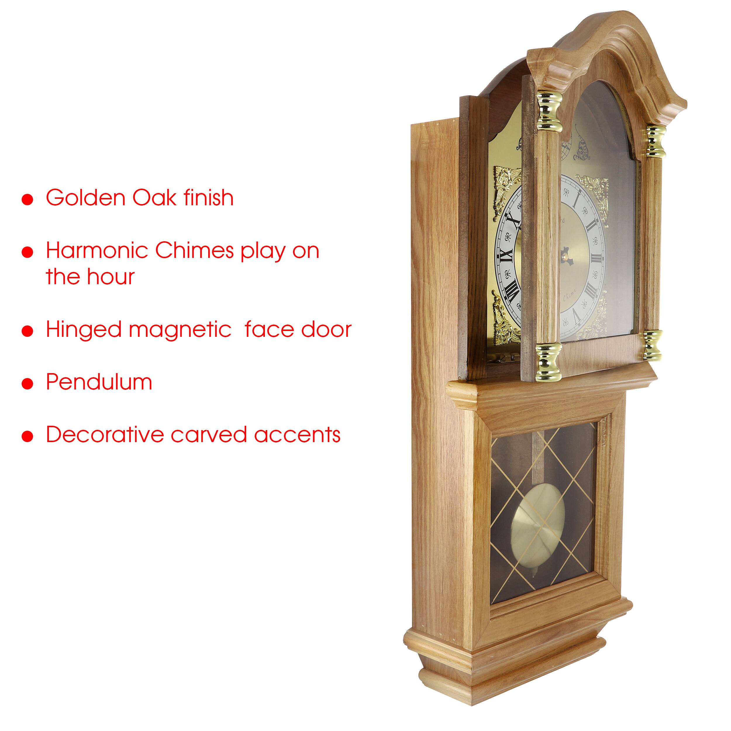 Golden Oak finish, Harmonic Chimes play on the hour, Hinged magnetic face door, Pendulum, Decorative carved accents