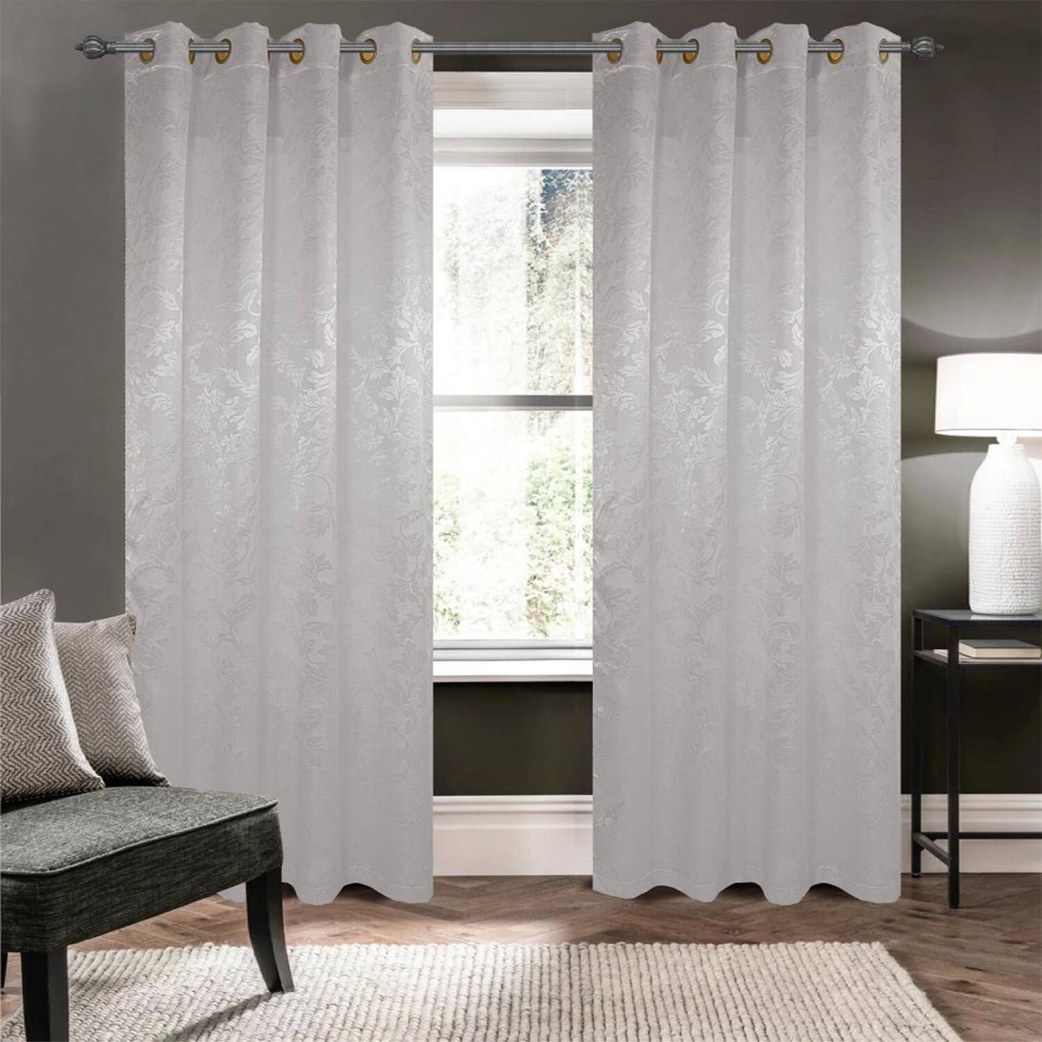 Angle. Olivia Gray - Olivia Gray 100% Polyester 200 GSM Dyson Embossed Blackout Grommet Curtain Panel 54" x 90" Silver - Silver.