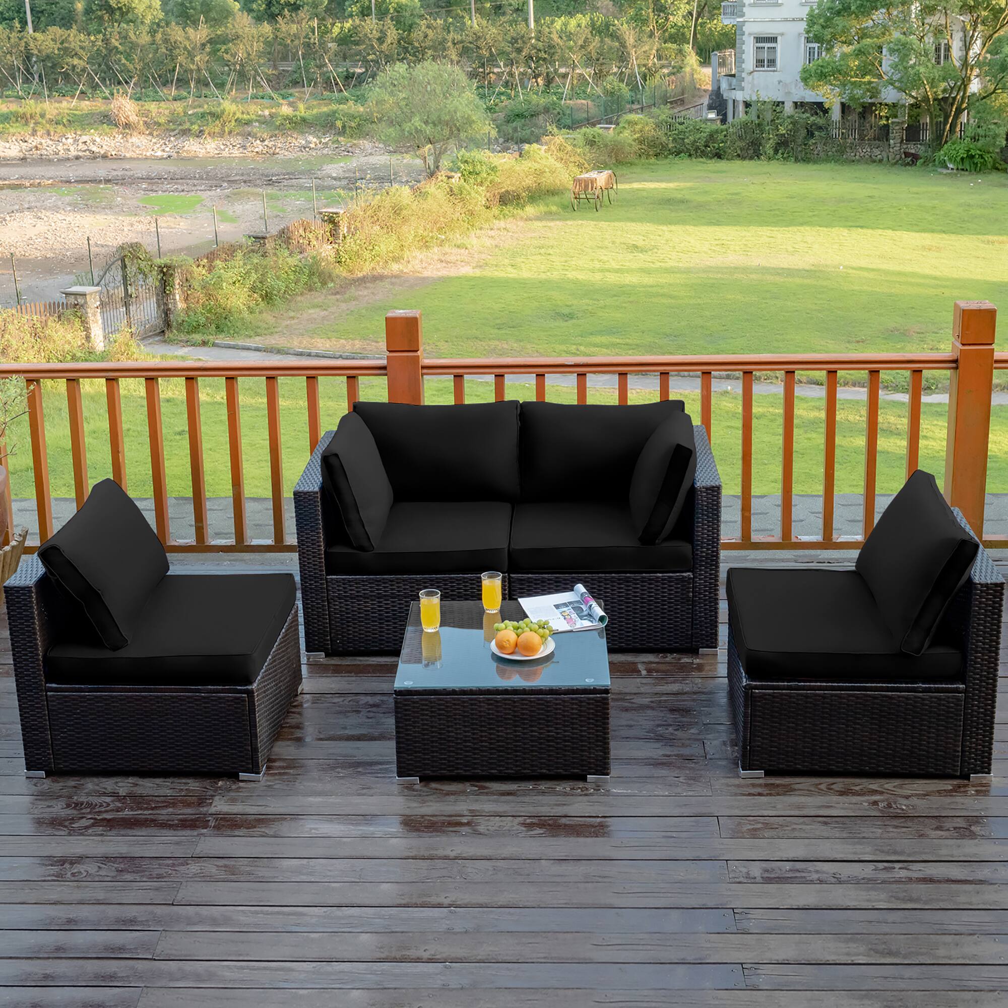 Alt View 4. Costway - 5PCS Patio Rattan Furniture Set Cushioned Sofa Chair Coffee Table - Black.