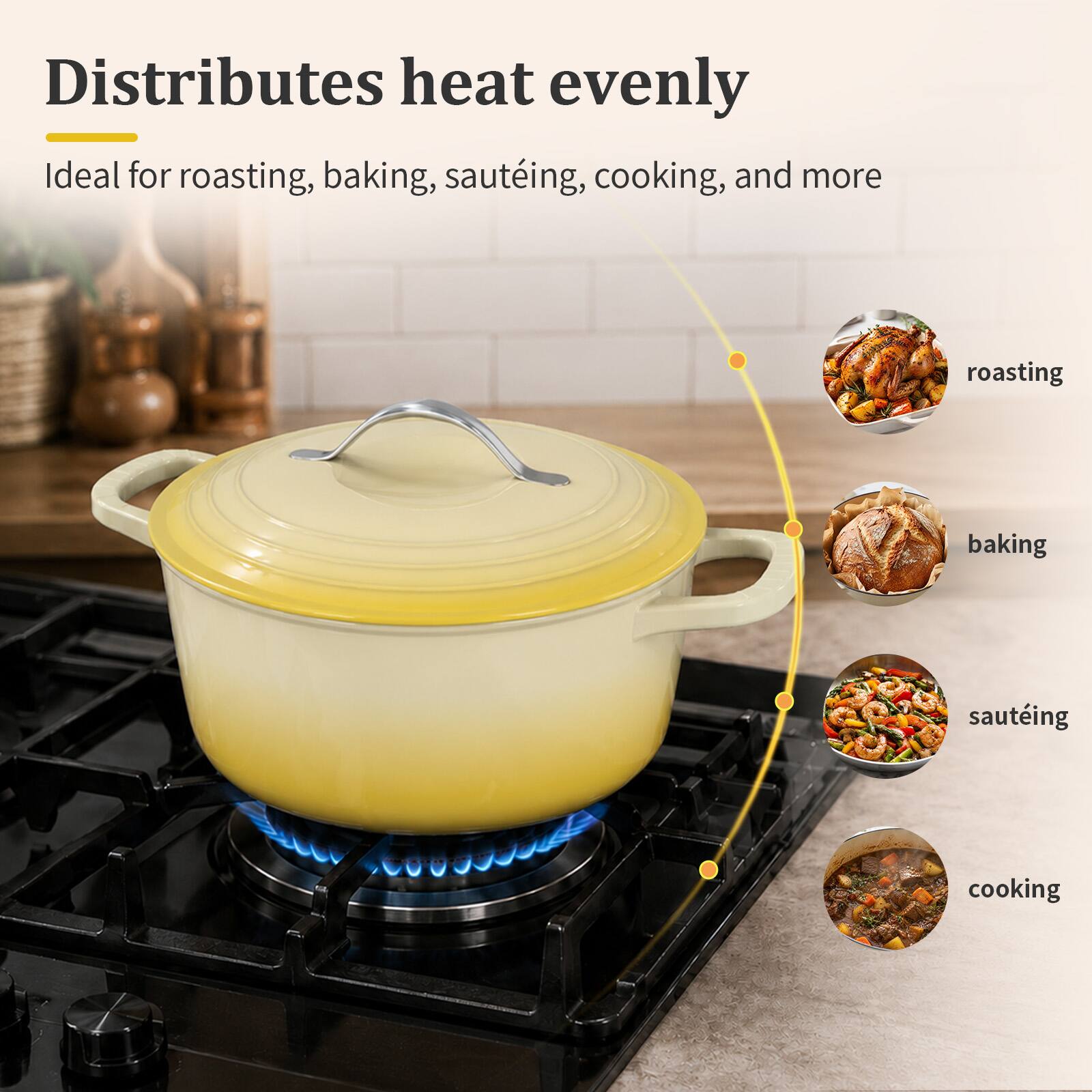 Distributes heat evenly  
Ideal for roasting, baking, sautéing, cooking, and more

roasting  
baking  
sautéing  
cooking