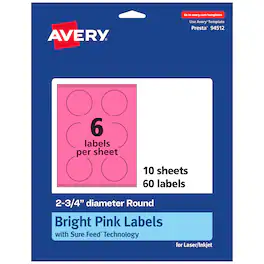 Avery - Printable Round Labels, Bright 2.75" Diameter, 60ct - Pink