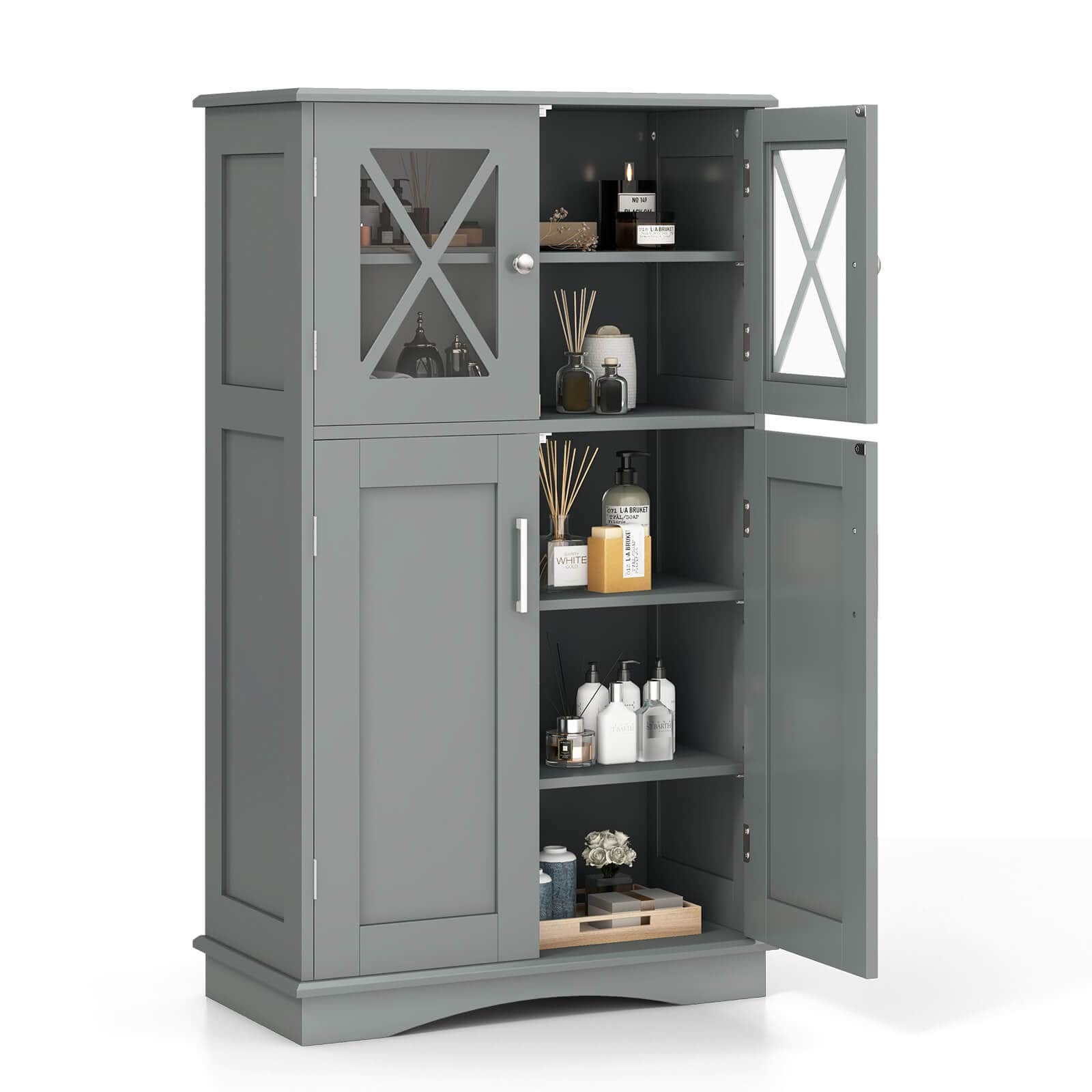Costway - Bathroom Storage Cabinet Linen Storage Cabinet with Doors and Adjustable Shelves Grey - Gray