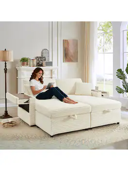 Trinkets Crazed - 68" Oversized Double Chaise Lounge With Hidden Storage Ottomans, Comfy Corduroy Upholstered Indoor Lounge Chair - Beige