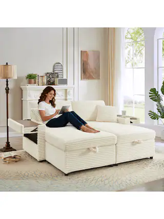 Front. Trinkets Crazed - 68" Oversized Double Chaise Lounge With Hidden Storage Ottomans, Comfy Corduroy Upholstered Indoor Lounge Chair - Beige.