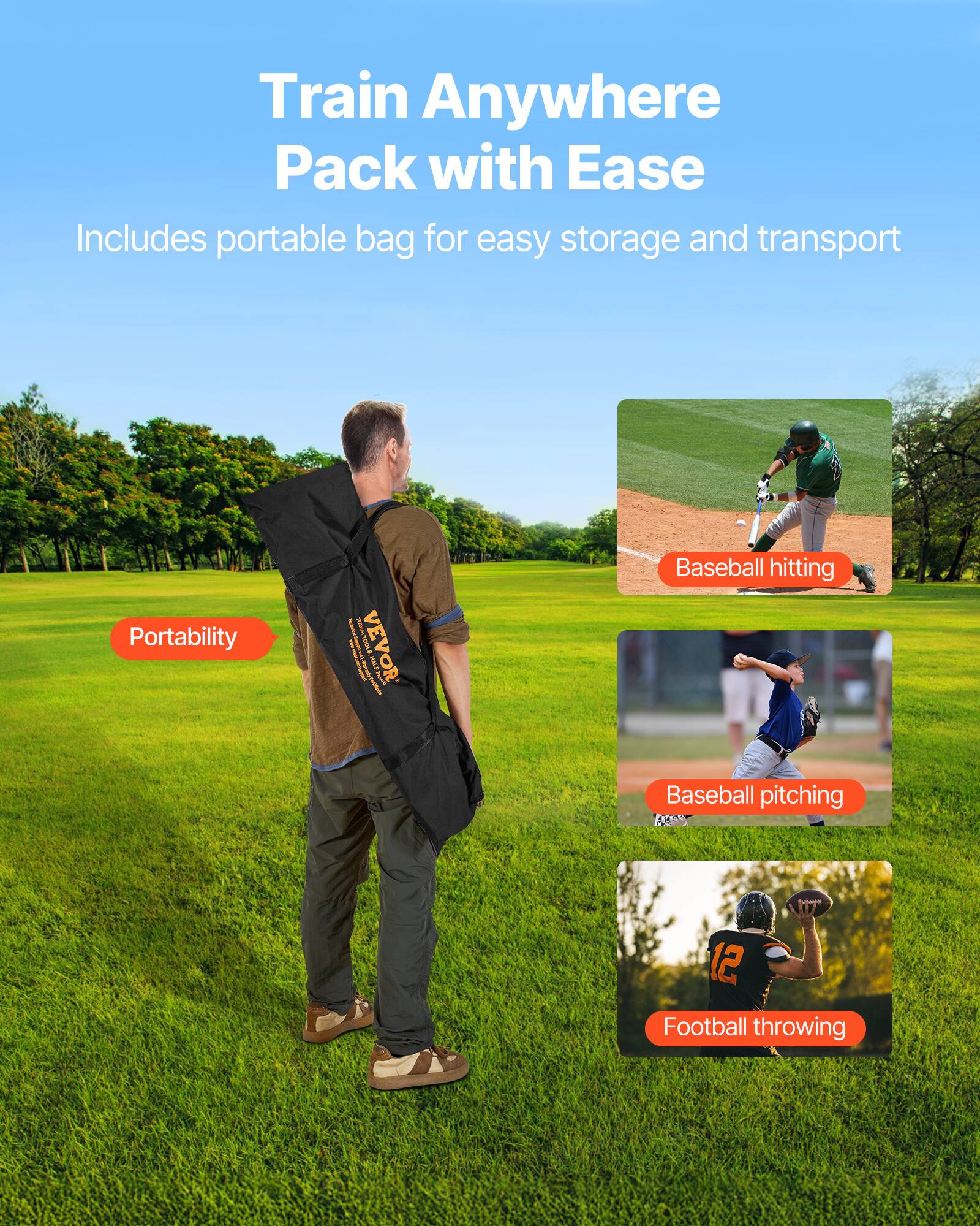 Train Anywhere Pack with Ease  
Includes portable bag for easy storage and transport  

Portability  

Baseball hitting  
Baseball pitching  
Football throwing