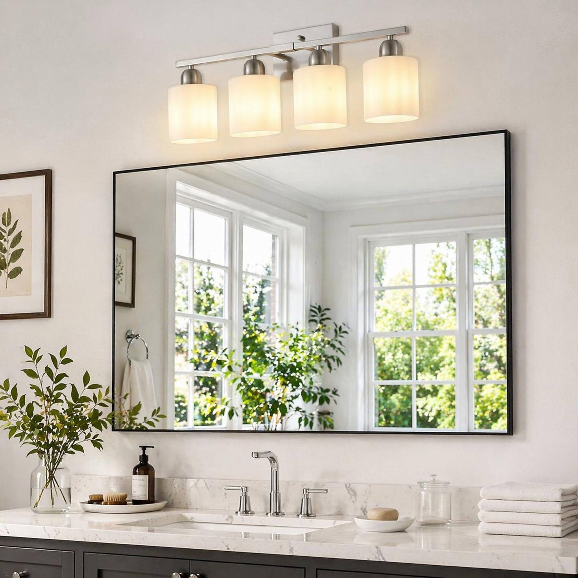 Left. RYHNUYNE - Modern 4-Light Nickel Bathroom Vanity Light with Frosted Glass Shades, Up/Down Wall Sconce for Mirror, Bedroom.