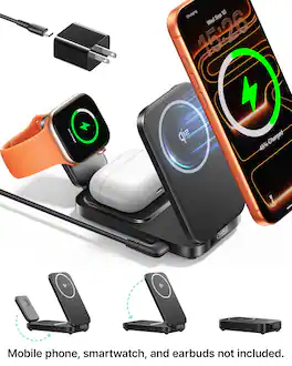 INIU - Magnetic 3-IN-1 Wireless Charger, Qi2 15W Foldable MagSafe Compatible Charging Station, for iPhone/Apple Watch/AirPods - Black