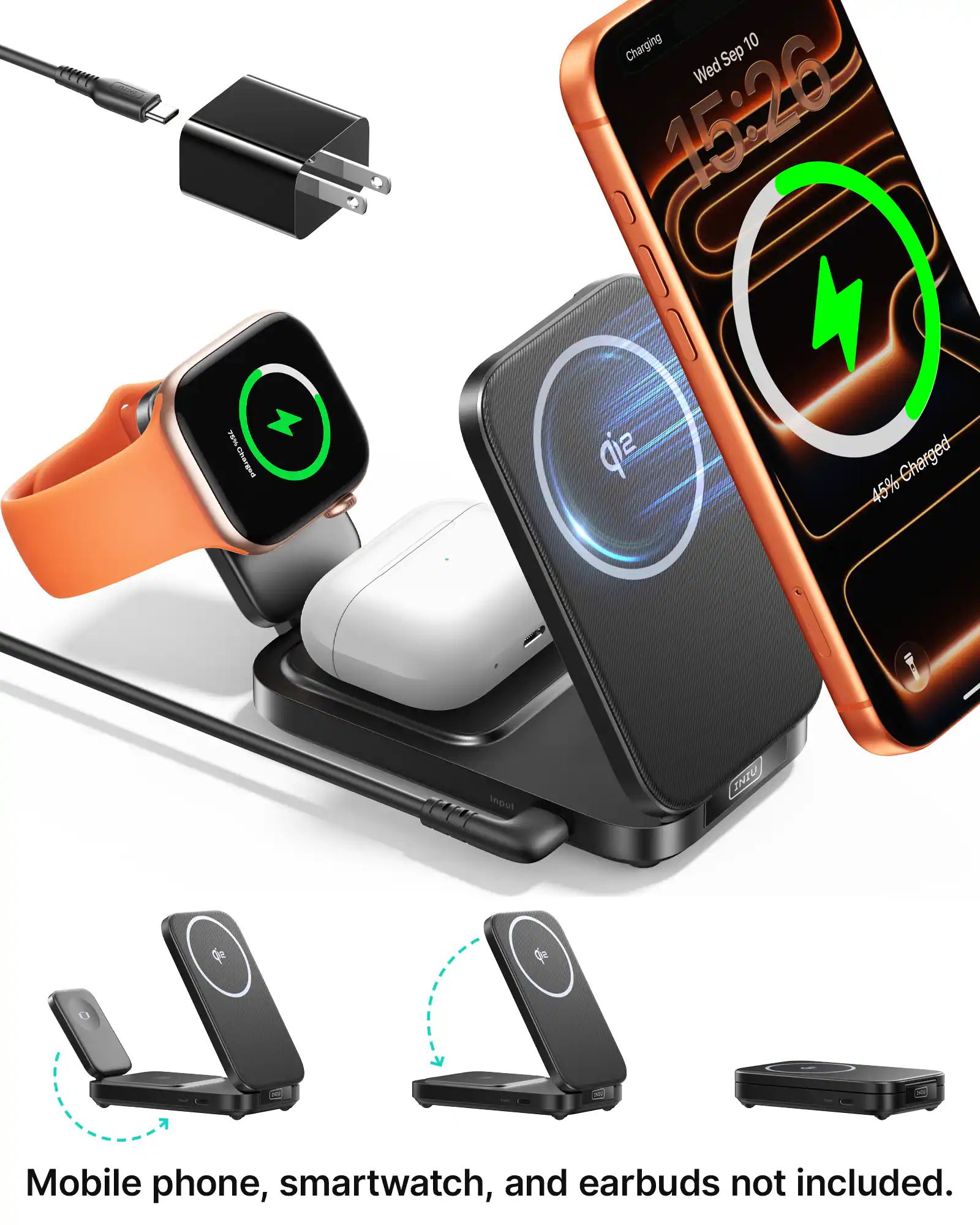 INIU - Magnetic 3-IN-1 Wireless Charger, Qi2 15W Foldable MagSafe Compatible Charging Station, for iPhone/Apple Watch/AirPods - Black