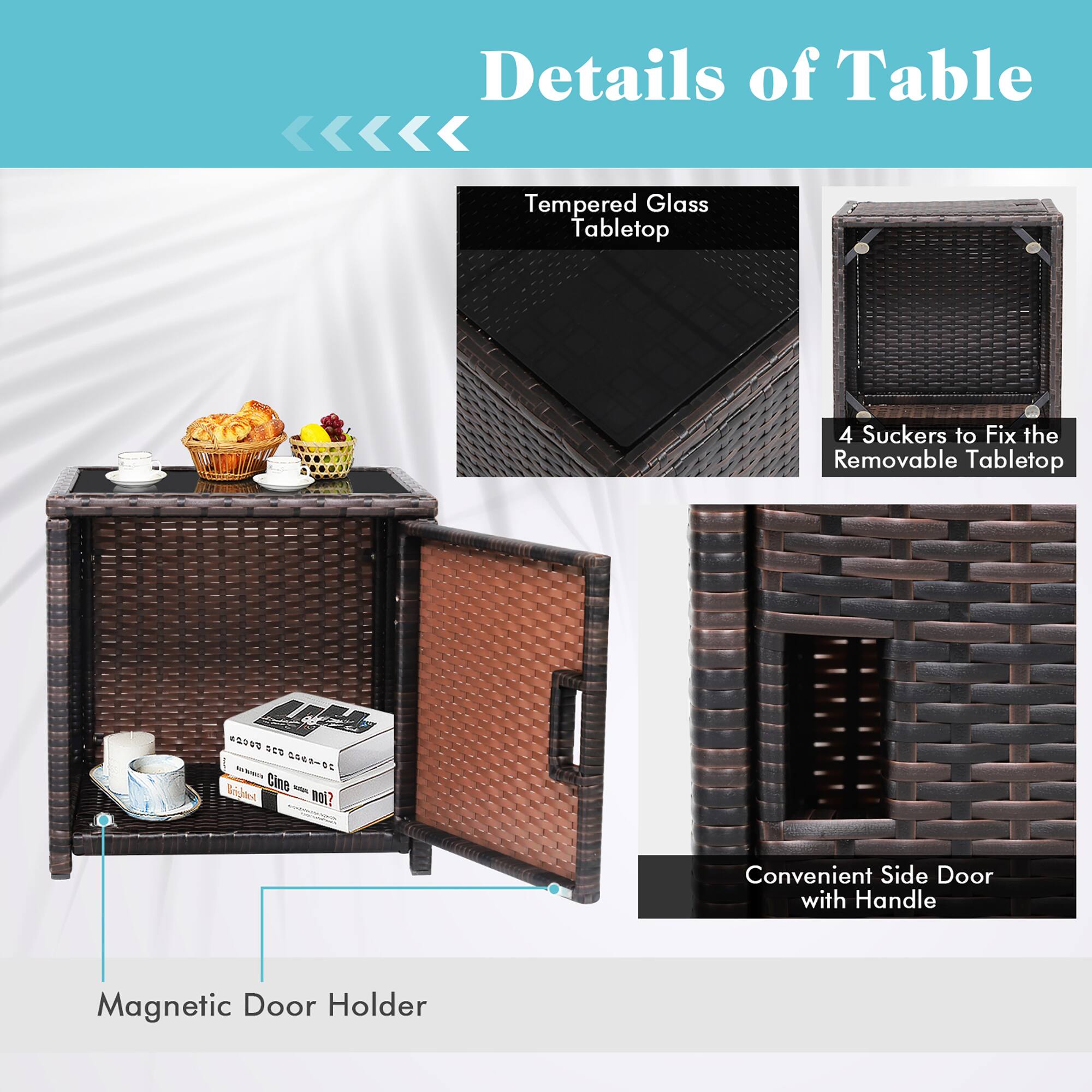 Details of Table: Tempered Glass Tabletop, 4 Suckers to Fix the Removable Tabletop, Convenient Side Door with Handle, Magnetic Door Holder.