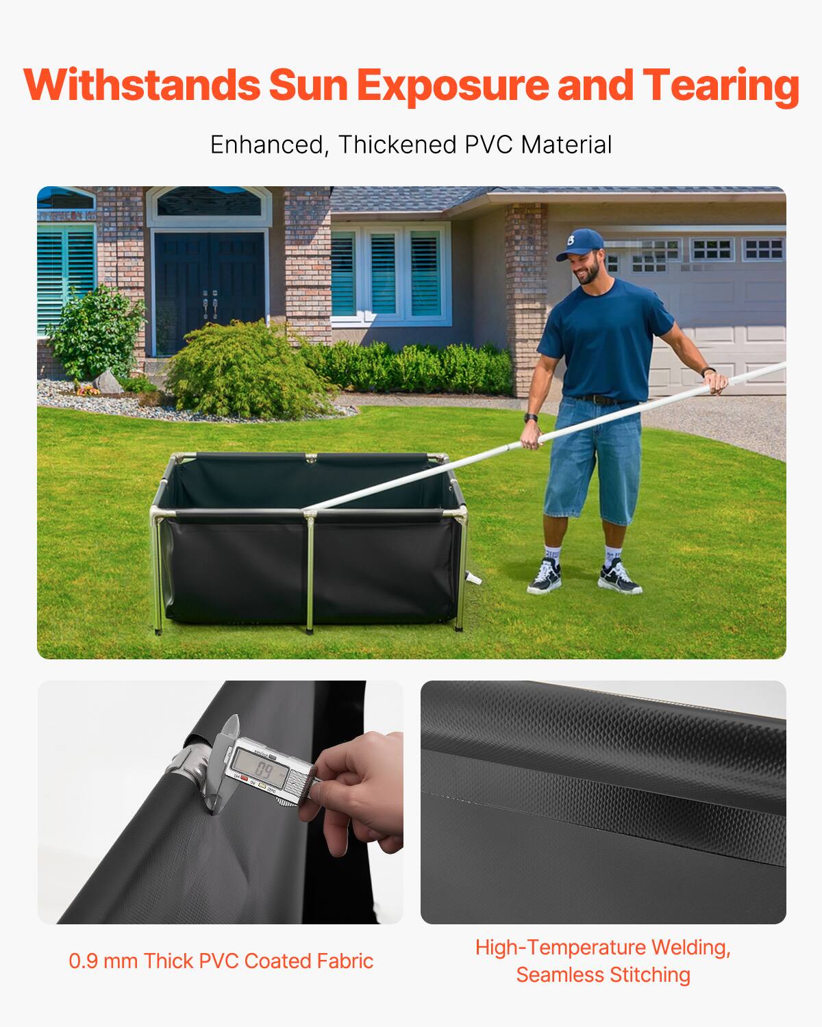 Withstands Sun Exposure and Tearing  
Enhanced, Thickened PVC Material  

0.9 mm Thick PVC Coated Fabric  

High-Temperature Welding, Seamless Stitching