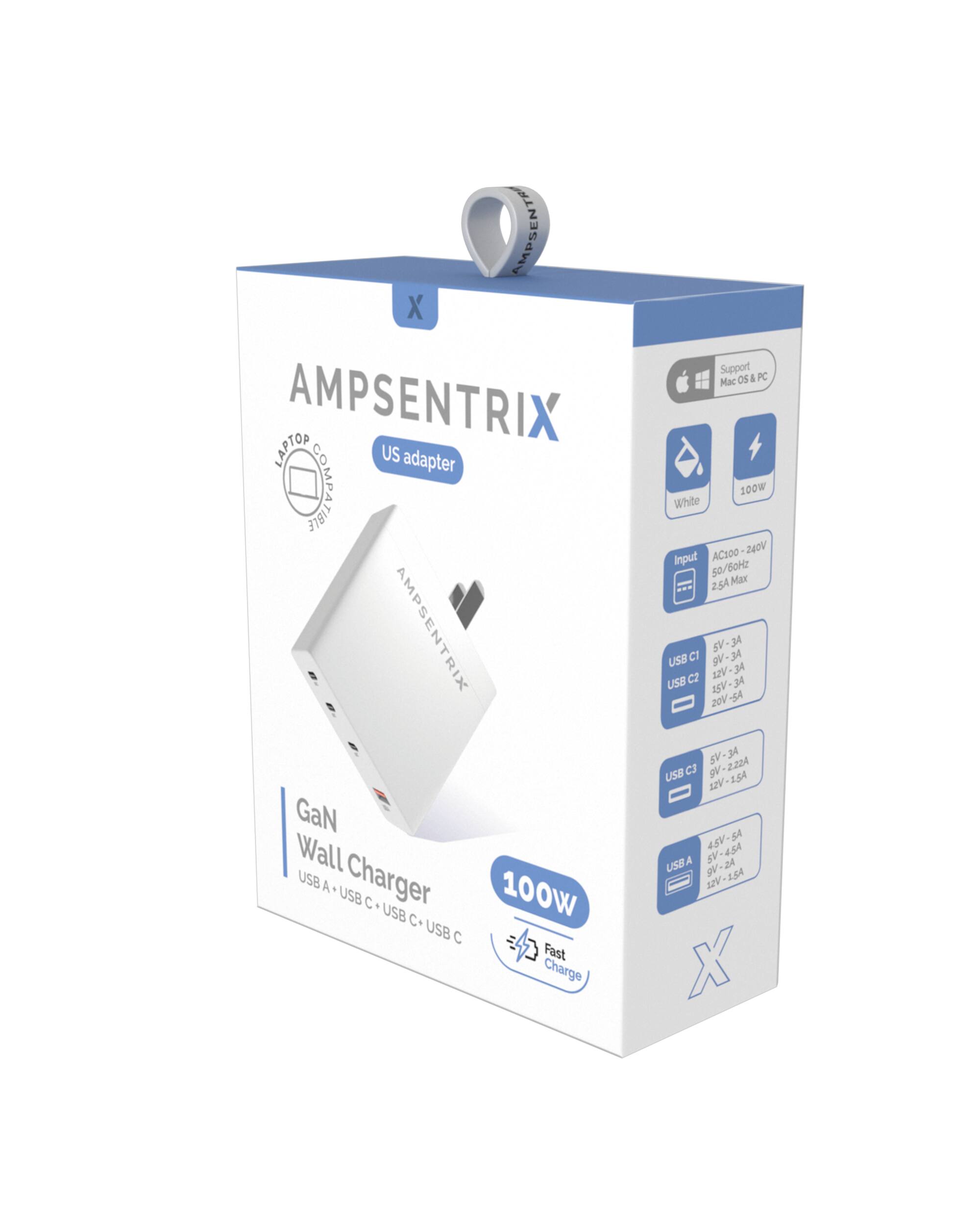 Sure, here is the corrected and grouped text from the image:

---

**AMPSENTRIX**

**US Adapter**

**GaN Wall Charger**

**100W**

**Fast Charge**

**Support Mac OS & PC**

**White**

**Input: AC100-240V 50/60Hz 2.5A Max**

**USB C1: 5V-3A, 9V-3A, 12V-3A, 20V-5A**

**USB C2: 5V-3A, 9V-3A, 12V-3A, 20V-5A**

**USB C3: 5V-3A, 9V-2.22A, 12V-1.5A**

**USB A: 5V-4.5A, 9V-2.22A, 12V-1.5A**

**USB A + USB C + USB C + USB C**

---

This text is organized to reflect the information on the packaging of the AMPSENTRIX wall charger.
