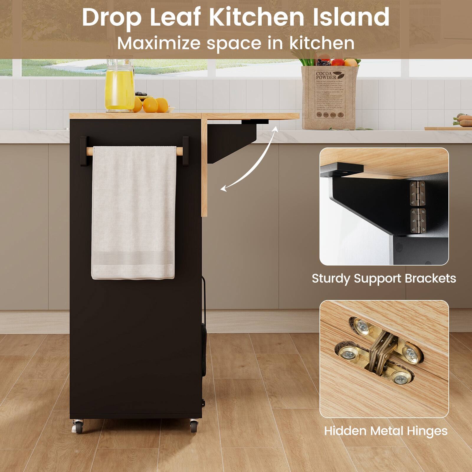 Drop Leaf Kitchen Island, Maximize space in kitchen, Sturdy Support Brackets, Hidden Metal Hinges
