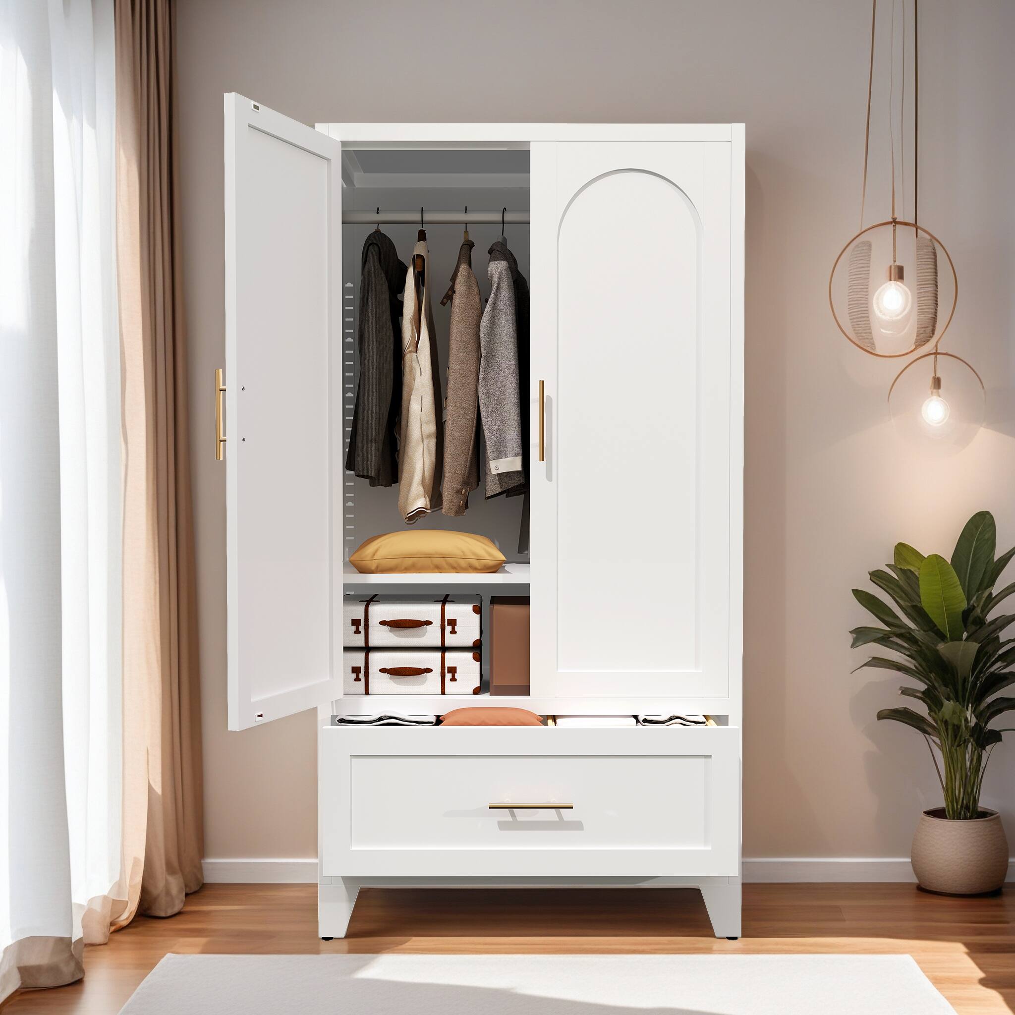 Angle. Z-Edge - Metal Wardrobe Cabinet with Drawer and 2 Doors, 60" Tall Steel Armoire Wardrobe Closet with Hanging Rod for Bedroom - White.