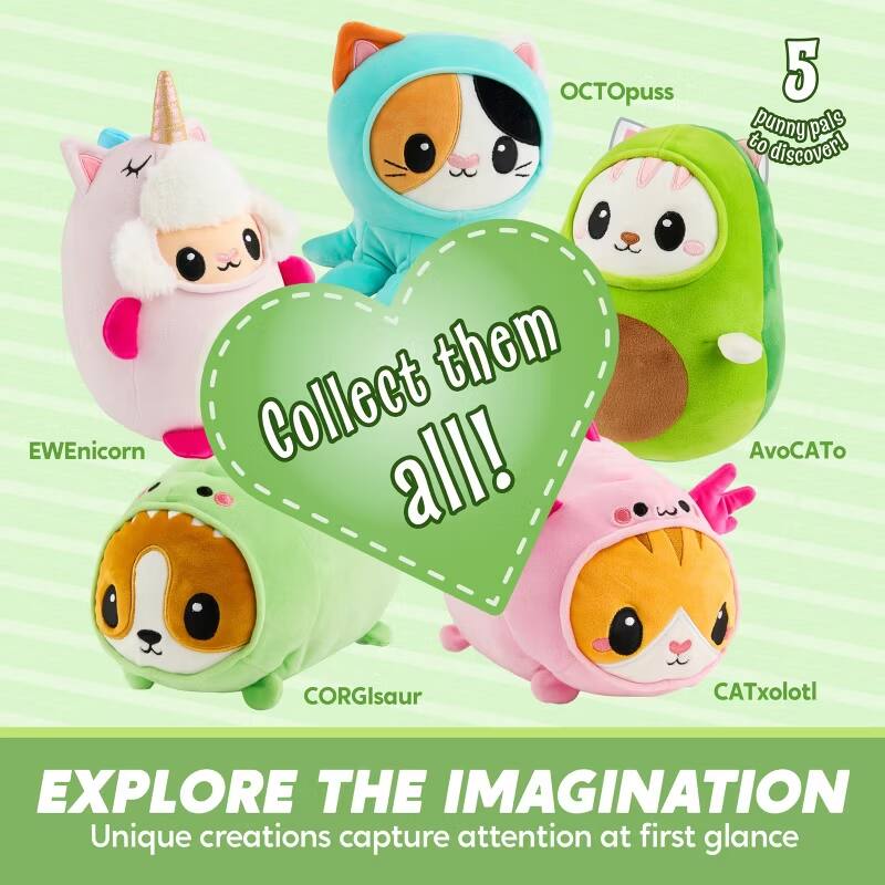 OCTOpuss 5 to punny pals discover! EWEnicorn them Collect all! AvoCATo CORGIsaur CATxolotl EXPLORE THE IMAGINATION Unique creations capture attention at first glance