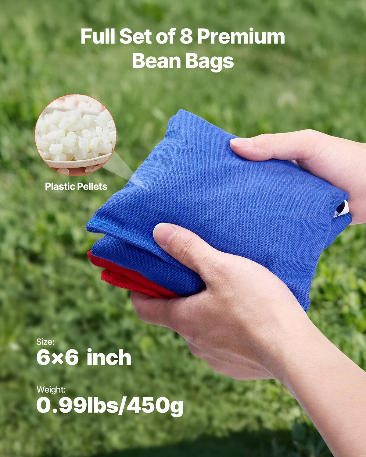 Full Set of 8 Premium Bean Bags

Plastic Pellets

Size: 6x6 inch

Weight: 0.99lbs/450g