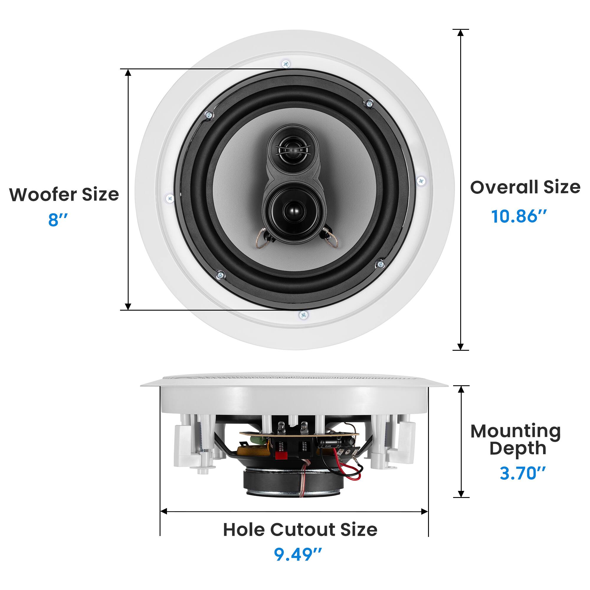 - Woofer Size: 8"
- Overall Size: 10.86"
- Mounting Depth: 3.70"
- Hole Cutout Size: 9.49"