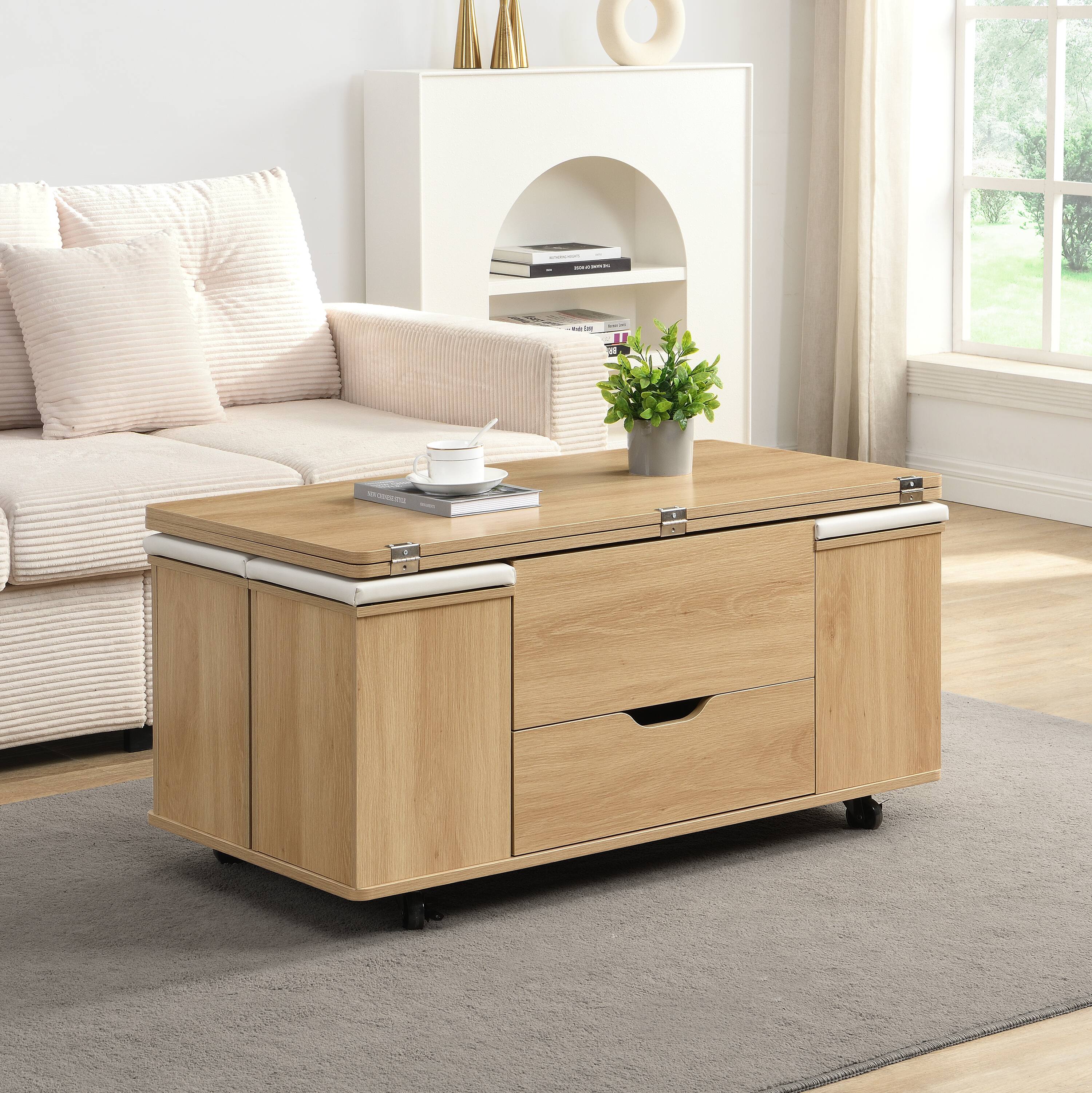 Alt View 9. Ecooso - Coffee Table Multi-Functional Lift-Top with Storage and 4 Stools, Modern Center Table for Living Room - Natural+White.