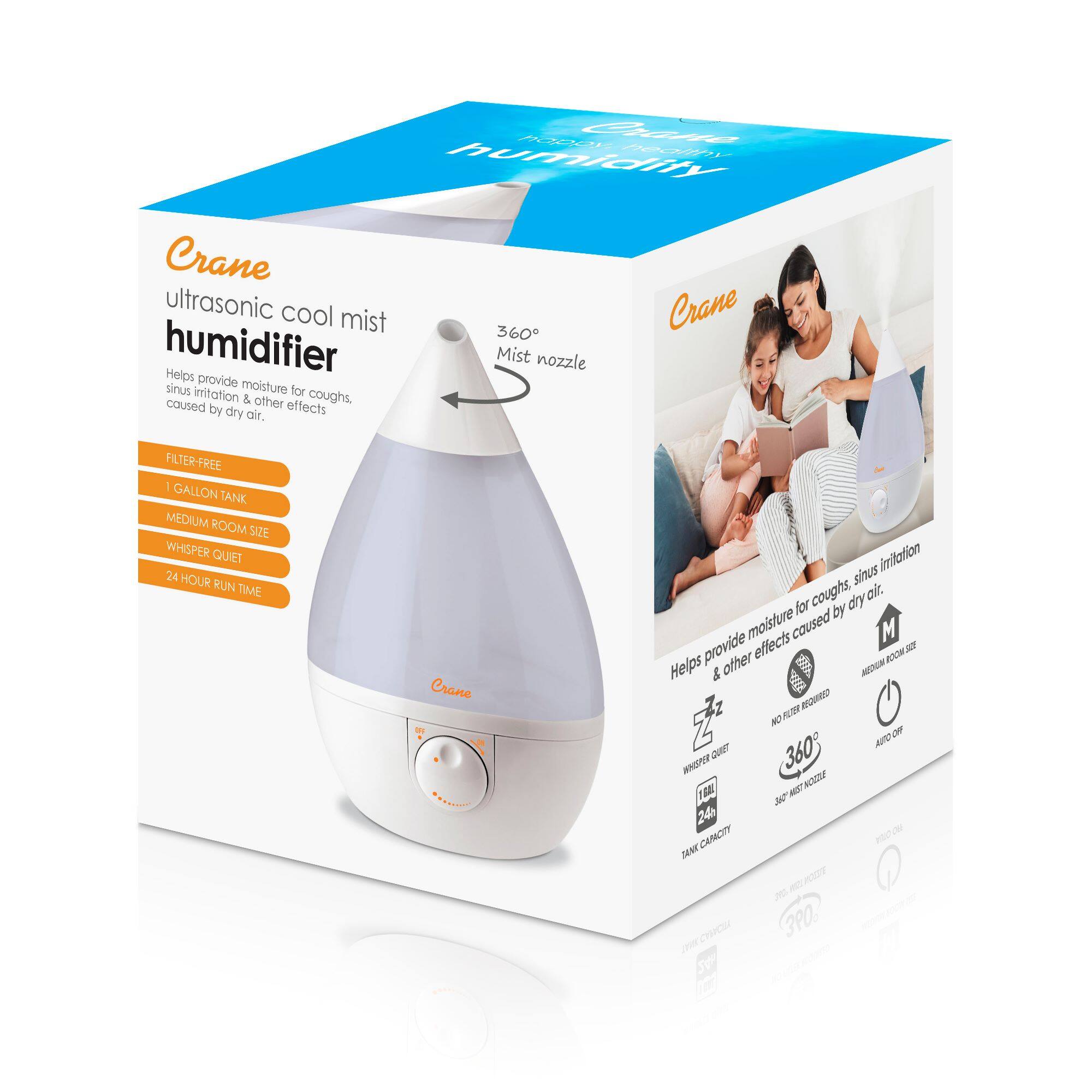The image features a Crane 360 ultrasonic cool mist humidifier in a box. The humidifier is designed to provide moisture for sinus and cough relief caused by dry air. It has a filter-free design, a 1.5-gallon tank, and a medium room size. The humidifier is whisper quiet and has a 24-hour run time. The box also includes a mist nozzle for easy use.