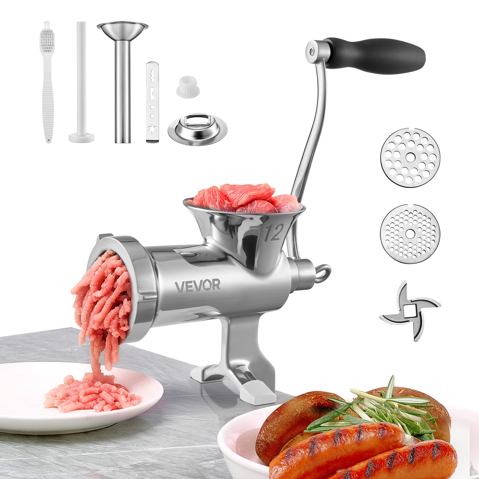 VEVOR - Manual Meat Grinder,304 Stainless Steel Hand Meat Grinder,Steel Table Clamp,Meat Mincer Sausage Maker & 2 Cutting Plates - Silver