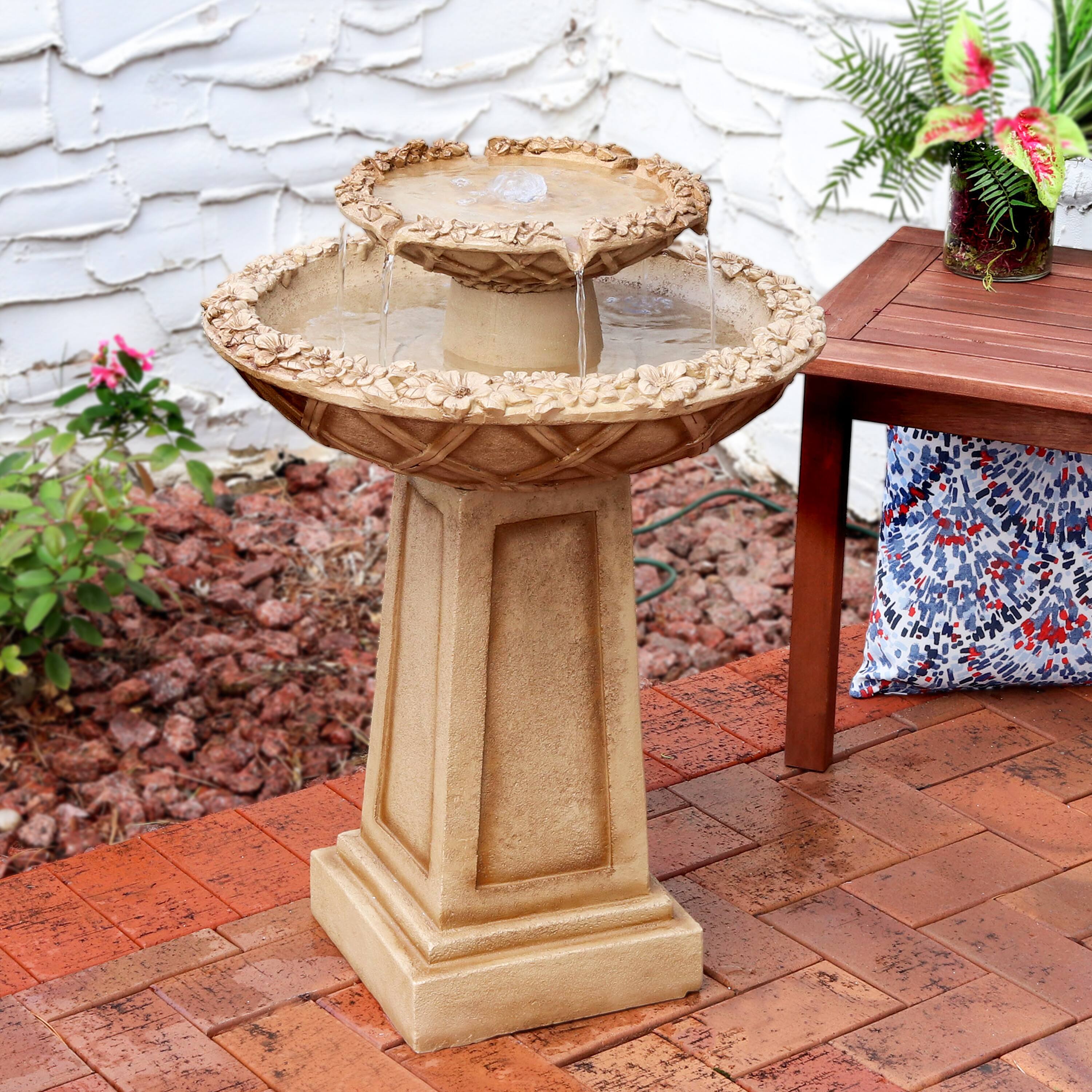 Alt View 3. Sunnydaze - Beveled Flower Polyresin Outdoor 2-Tier Bird Bath Fountain - Light Brown.