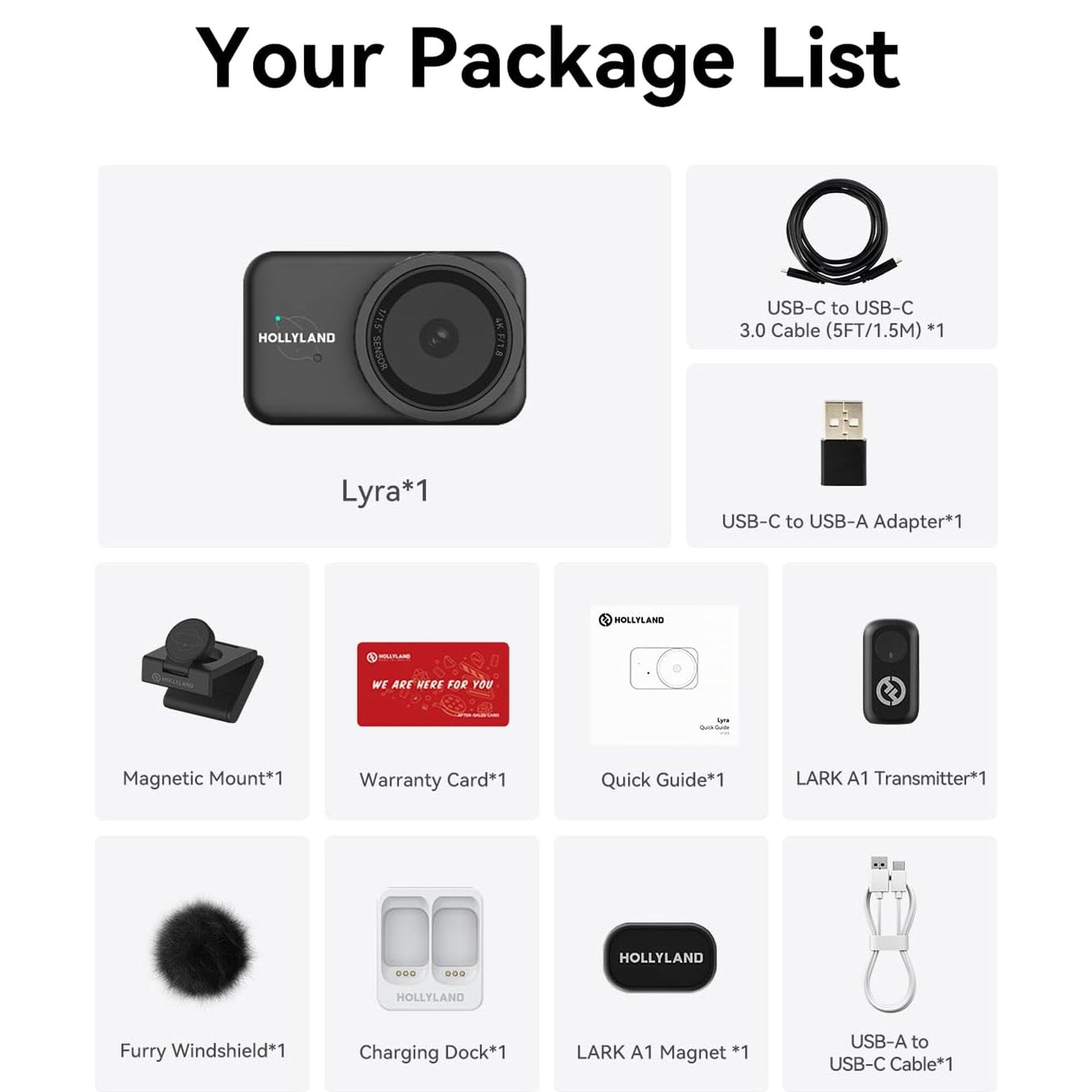 Your Package List

- HOLLYLAND 5 O3517
- Si/TS USB-C to USB-C 3.0 Cable (5FT/1.5M) *1
- Lyra*1
- USB-C to USB-A Adapter*1
- HOLLFLAND - WE ARE HERE FOR YOU
- Magnetic Mount*1
- Warranty Card*1
- Quick Guide*1
- LARK A1 Transmitter*1
- HOLLYLAND Furry Windshield*1
- Charging Dock*1
- LARK A1 Magnet *1
- USB-A to USB-C Cable*1