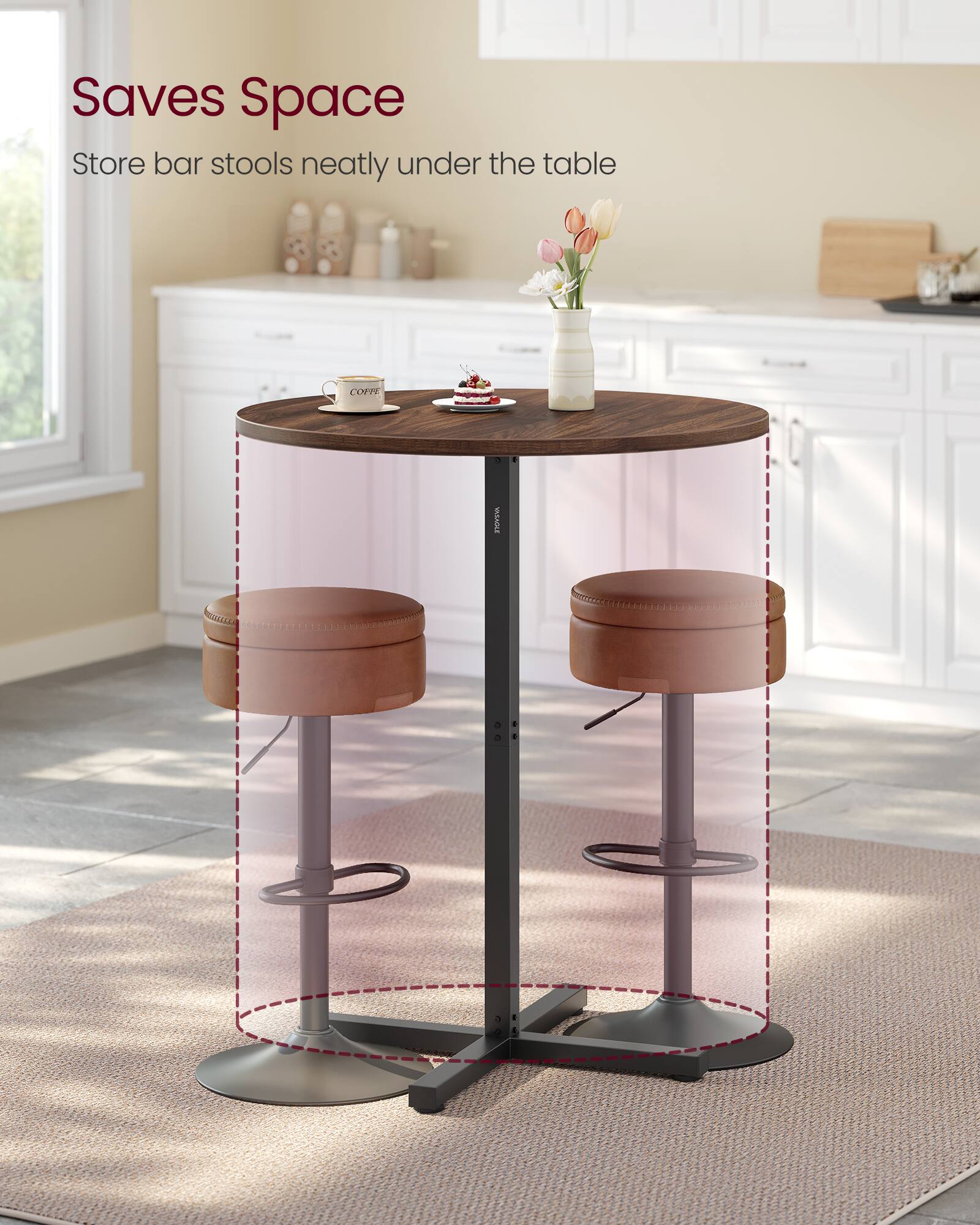 Saves Space  
Store bar stools neatly under the table