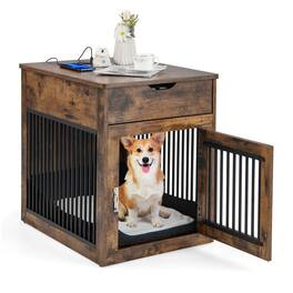 Costway - 2-In-1 Furniture Dog Crate with Drawer Wired & Wireless Charging Side End Table