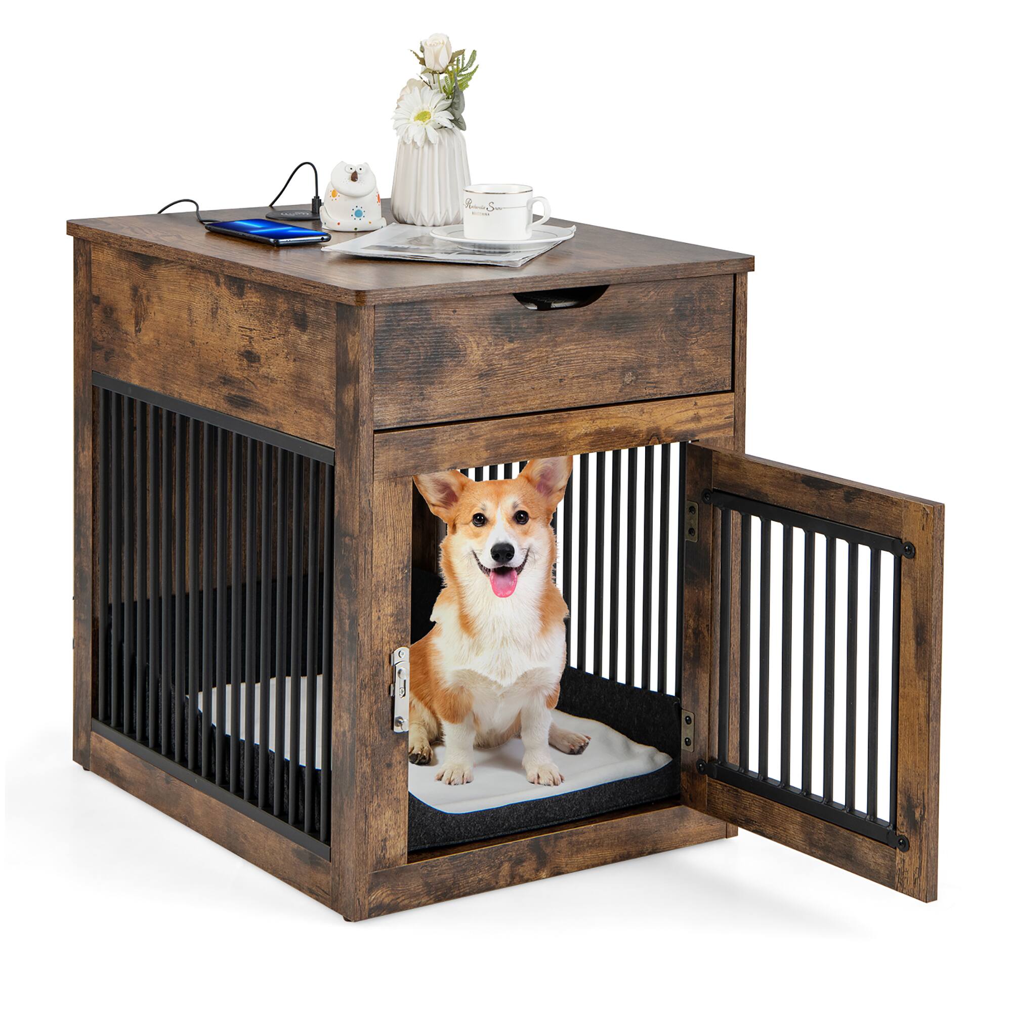 Costway - 2-In-1 Furniture Dog Crate with Drawer Wired & Wireless Charging Side End Table