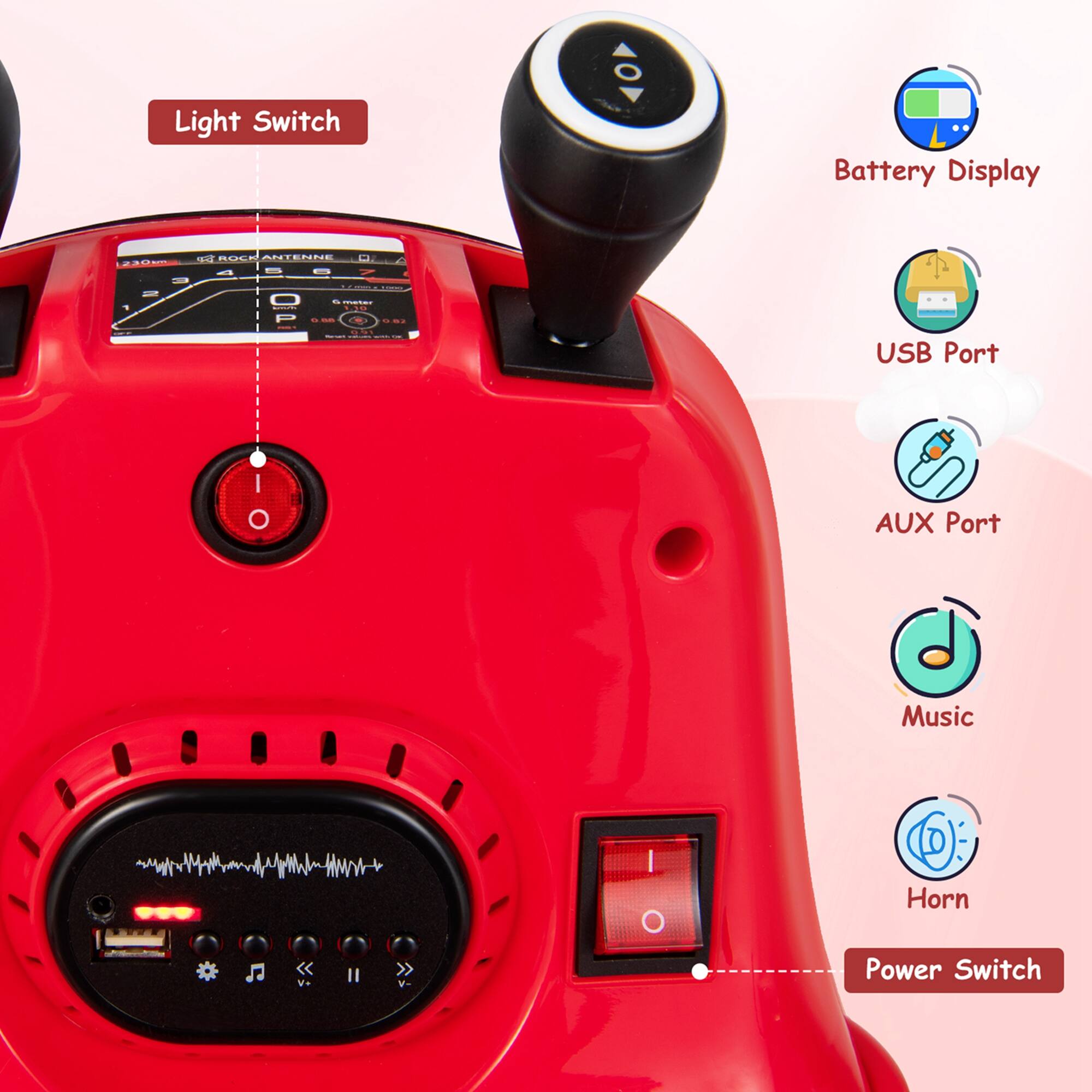 - Light Switch
- Battery Display
- USB Port
- AUX Port
- Music
- Horn
- Power Switch